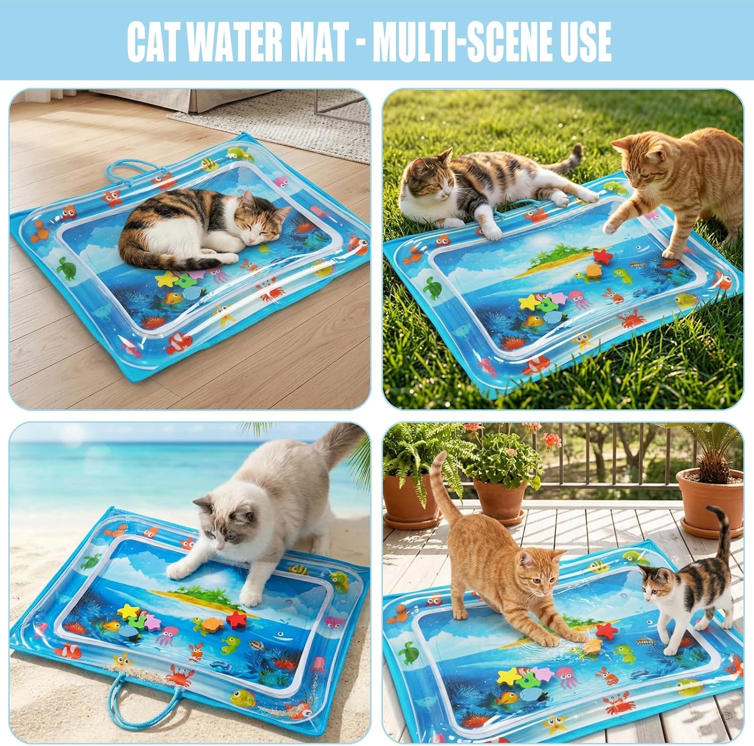 Cat Water Mat with Protective Bag, Scratch Resistant Thickened PVC Water Play Mat, Summer Cooling Interactive Water Filled Mat, Portable Foldable Paw Proof Cat Toy Mat for Indoor Outdoor (A)