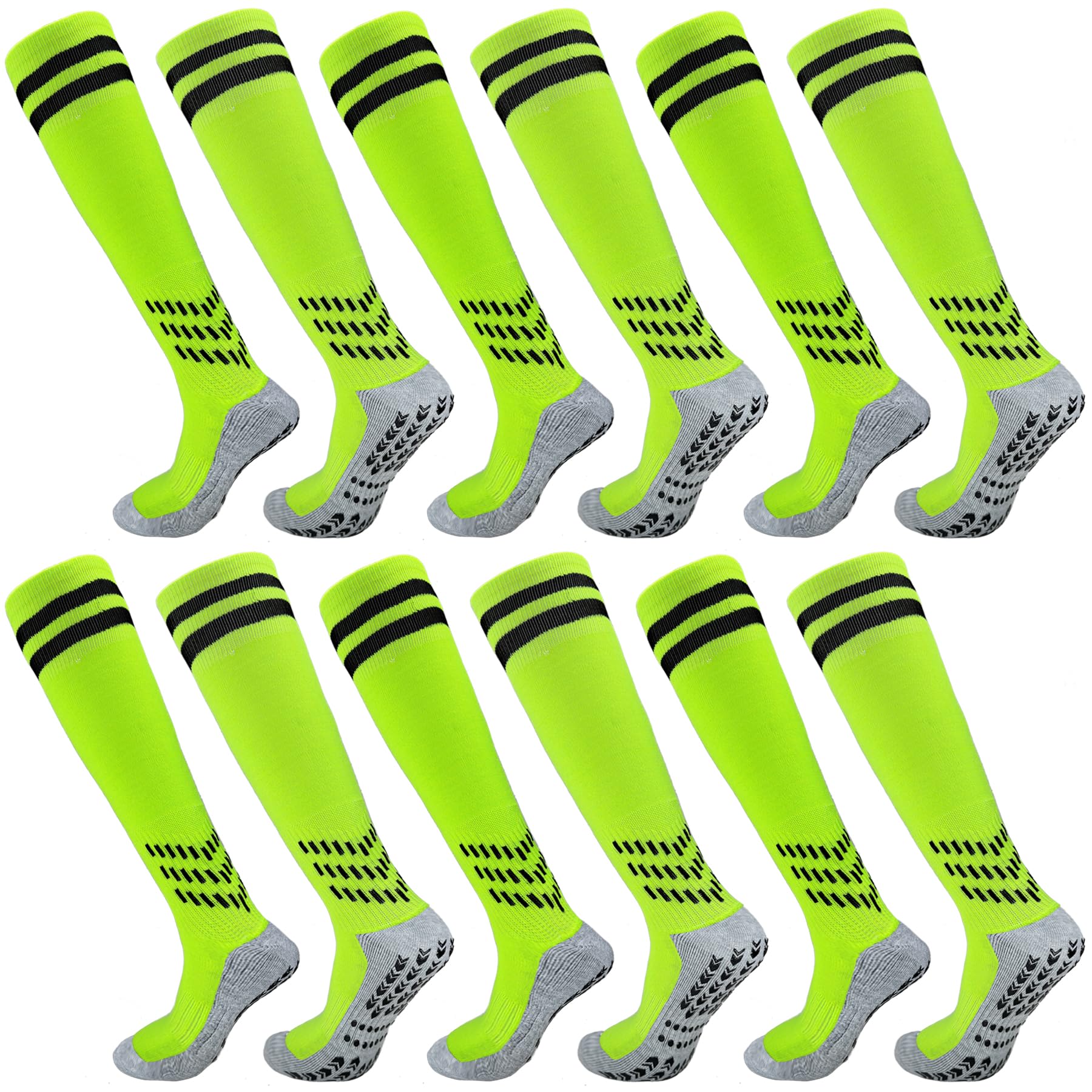 Popuid Kids Soccer Grip Socks with Cushion, Youth Double Stripe Over Knee High Long Football Non Slip Sports Socks 6-12
