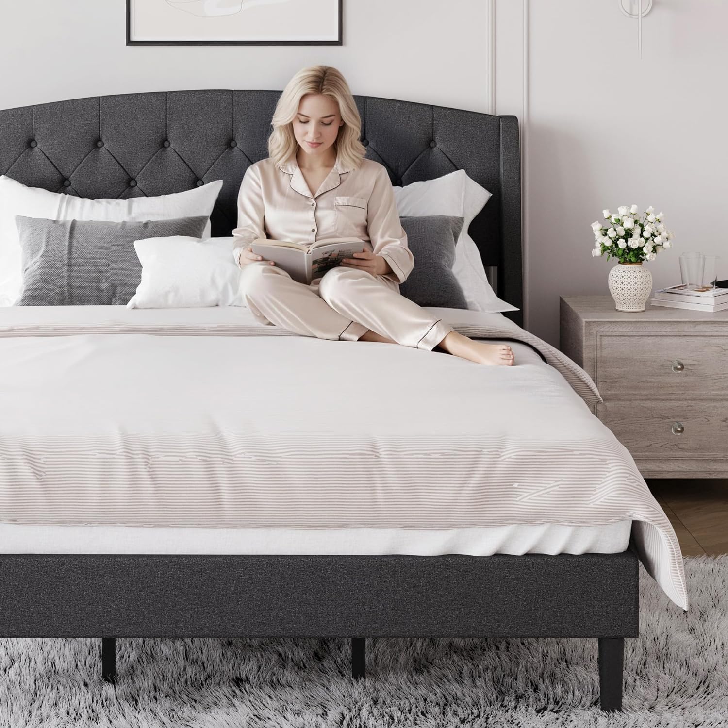 EGOHOME King Bed Frame,Upholstered Wingback Design and Underbed Space,Strong Metal Bed Frame with Two Extra Support Legs,Effortless Assembly with Ratchet Wrench,No Box Spring Needed,Dark Grey