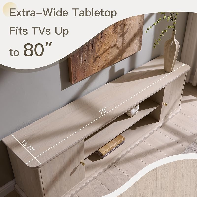 Modern 70" TV Stand w/Storage, Wooden Curved TV Console, Cream image 6