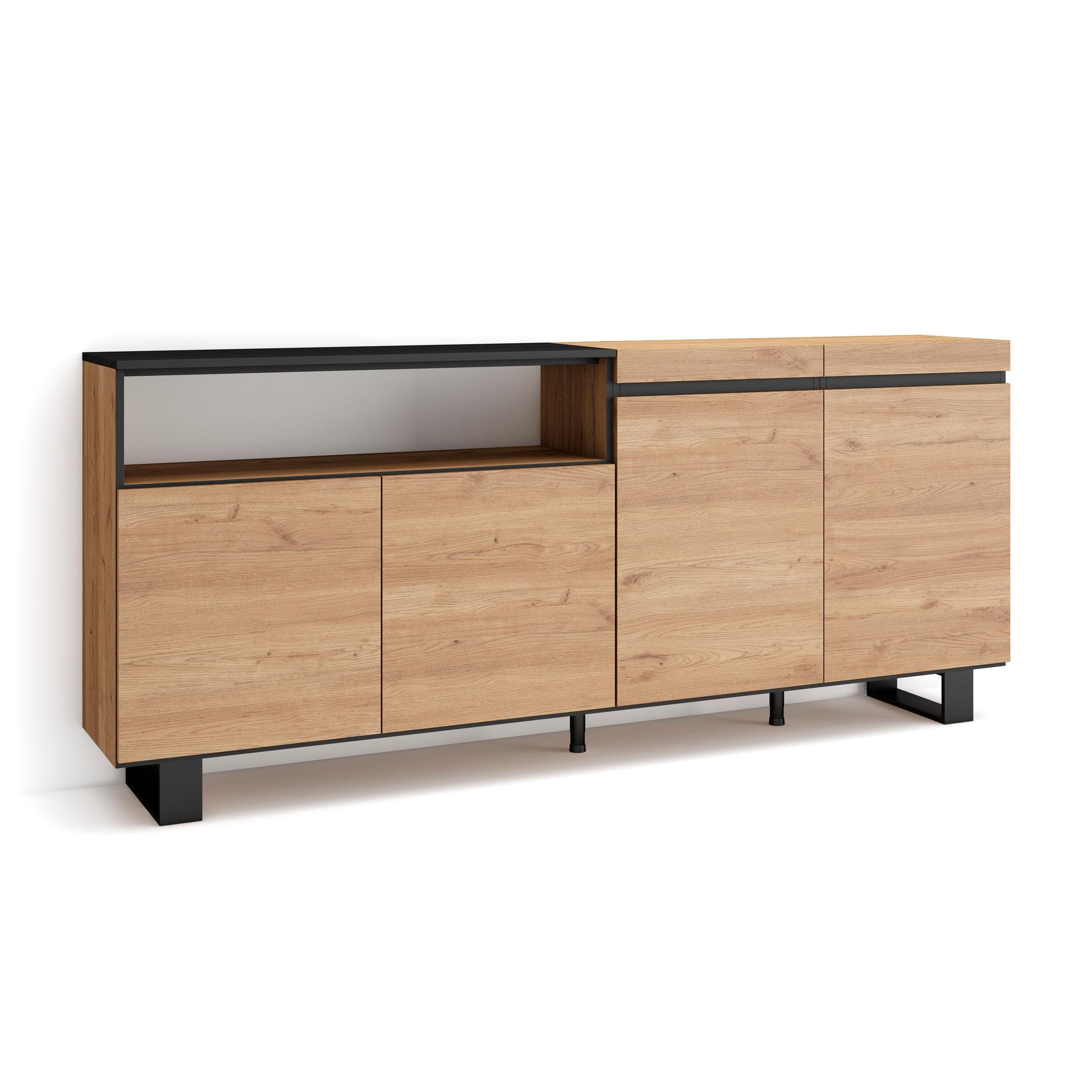Skraut Home | Buffet Salon et Cuisine | Meuble de Rangement, Commode | 200x87x35cm | 4 Portes | Design Industriel | Style Moderne | Chêne et Noir