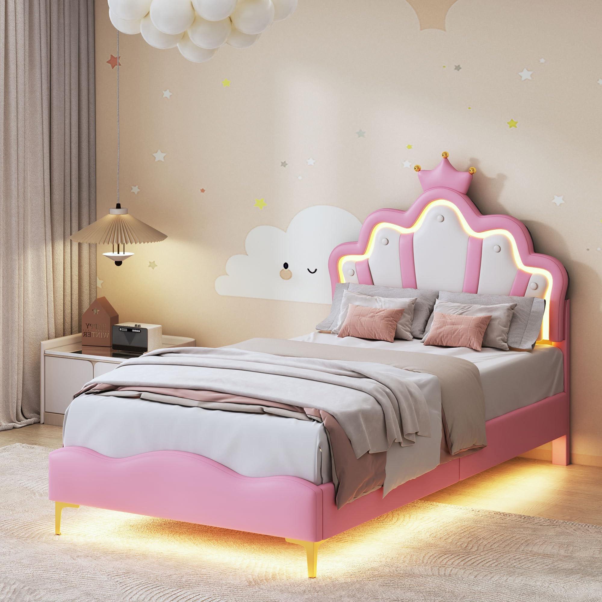 Cama infantil 90 x 200 cm, Cama acolchada 90 x 200 con LED, Camas Princesas para Niña en Forma de Corona con Somier de láminas y cabecera ajustable Marco de cama Capitonado (Rosa-2, 90 x 200)