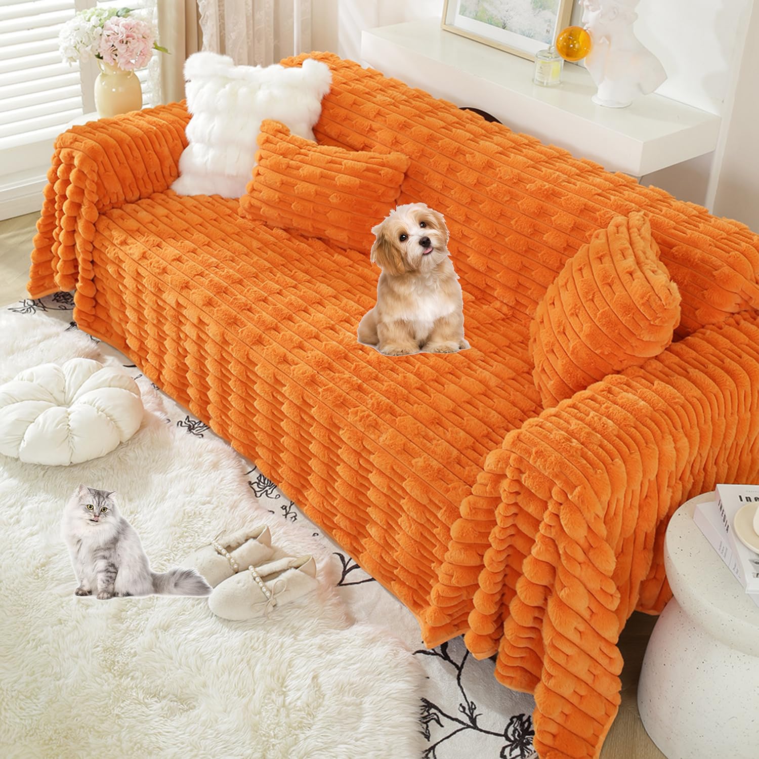Funda de sofá sherpa naranja para renovar el salón familiar con este protector lavable en L