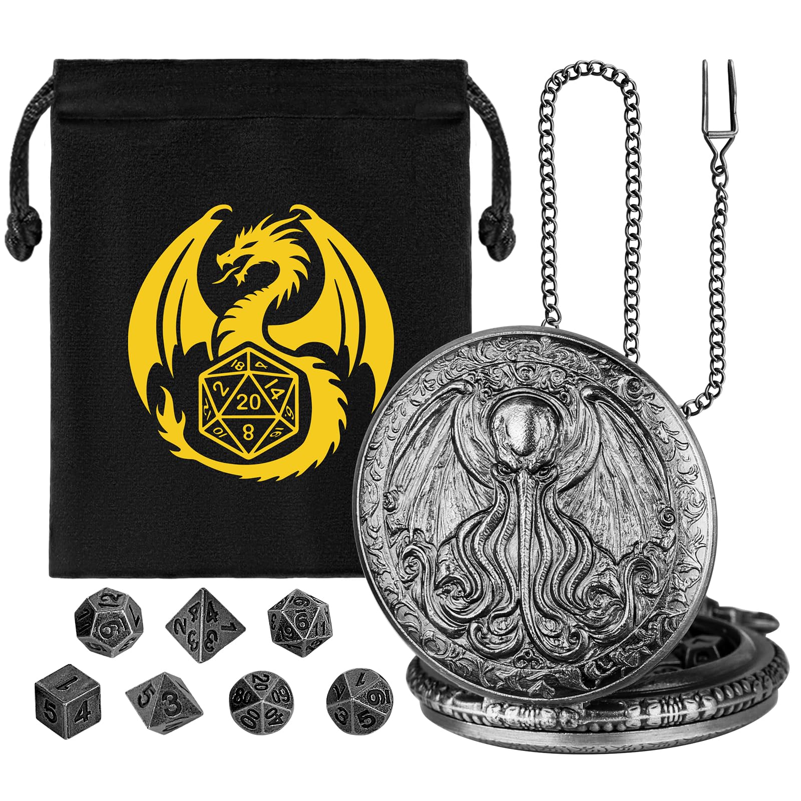 Mini DND Dice Set, Steampunk Octopus with Wings, Pocket Watch Shell Case, 7-Piece Polyhedral Metal D&D Dice