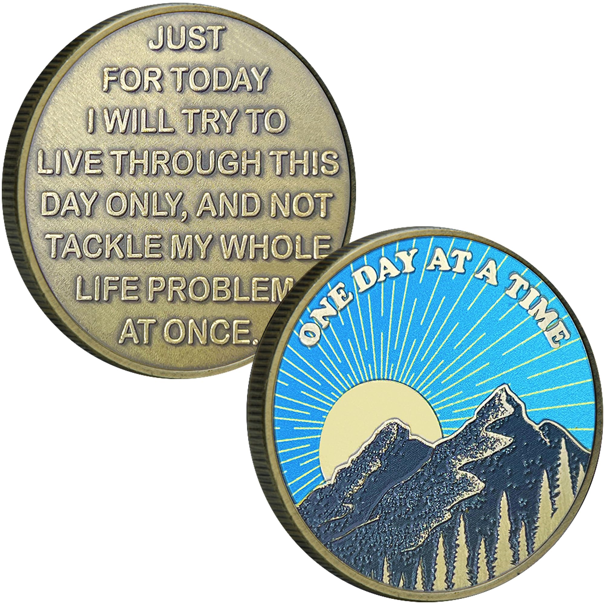 One Day at A Time Sobriety Coin Mountain Sunrise AA NA Sobriety Chip for Women Men Addiction Recovery Medallion (Single Coin)