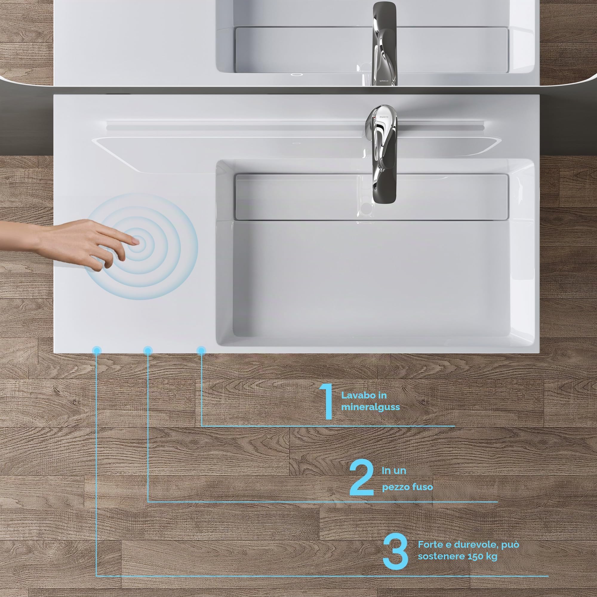 doporro Lavabo Bagno Sospeso Lavabo da Appoggio Rettangolare in Marmo Resina Bianco Lucido, Vasca a Destra 75x43x14 cm con 1 Foro Rubinetto e Piletta Scarico, Colossum12