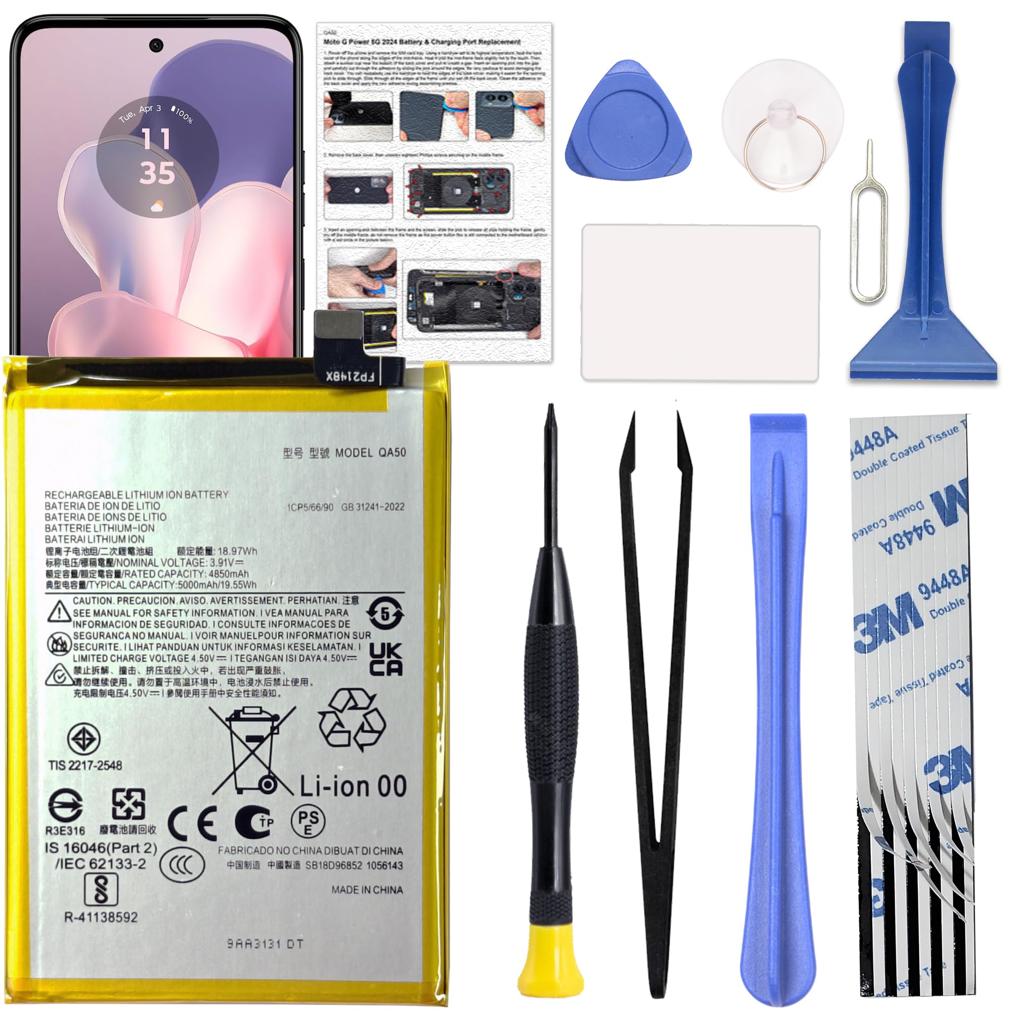 GREEN FUSION for Moto G Power 2024 Cellphone XT2415 Replacement Battery QA50, with Toolkit &amp; Instruction Manual