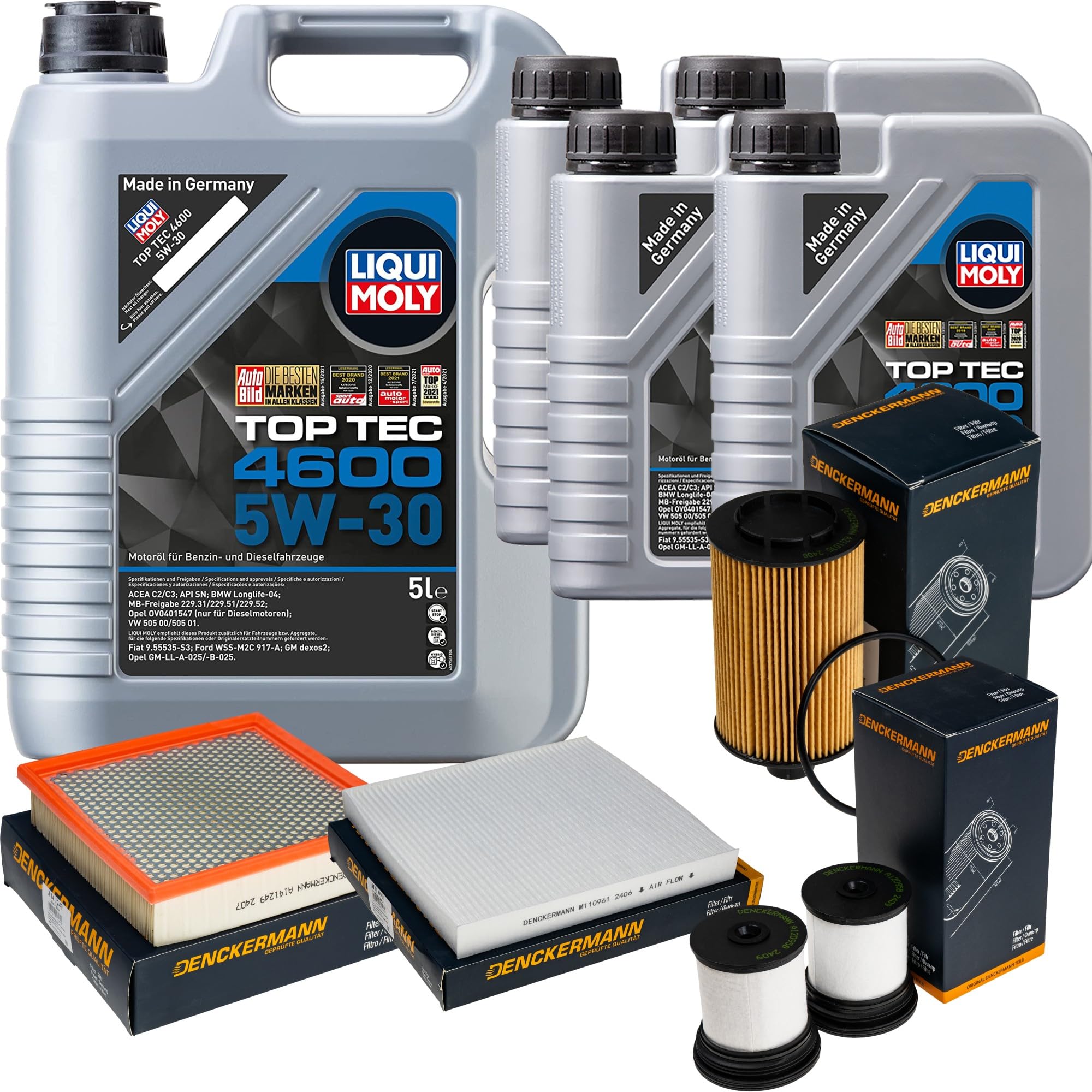 Inspektionspaket enthält 9 L Motoröl Top Tec 4600 5W-30 Ölfilter Luftfilter Innenraumfilter Kraftstofffilter für Grand Cherokee IV WK WK2 3.0 CRD V6 4x4