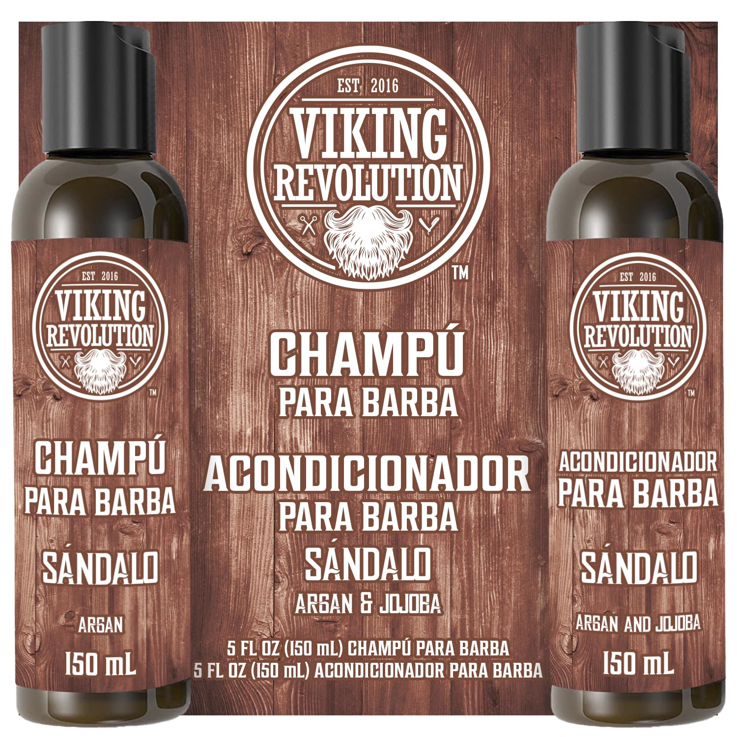 Viking Revolution Juego Champú y Acondicionador Para Barba con Aceites de Argán y Jojoba - Champú Barba de Hombre que Suaviza y Fortalece - Aroma Natural de Sándalo (2 x 150 ml)