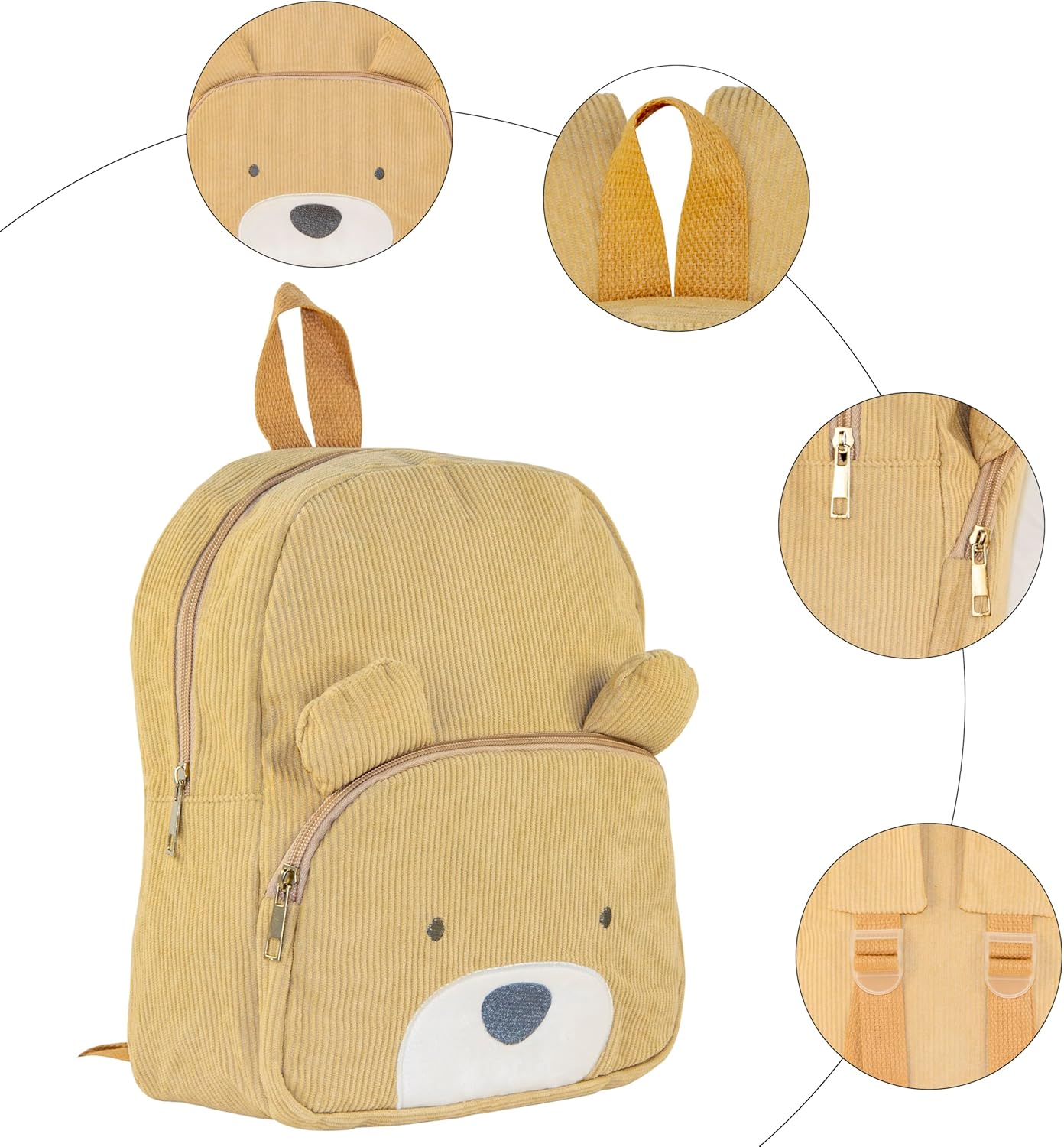 Corduroy Toddler Backpack for Boys Girls 3-5, Cute Bear Animal Backpacks Preschool Kindergarten Backpack - Khaki - Image 6