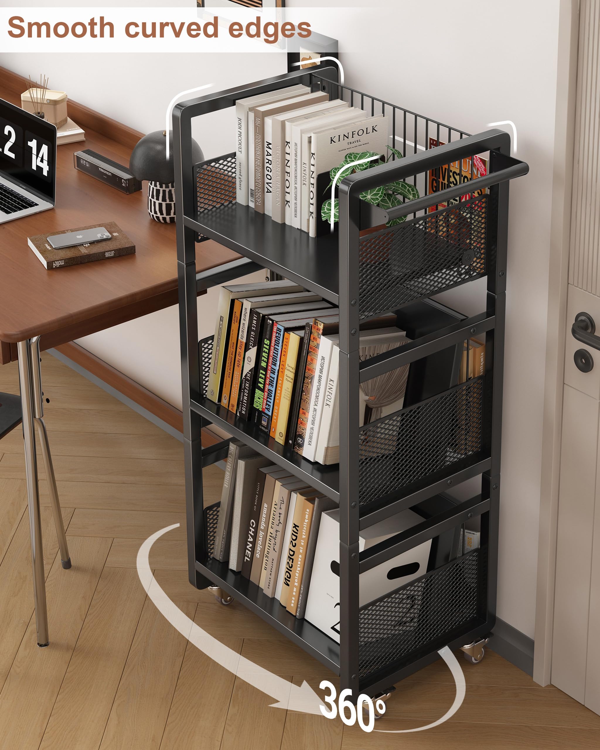 Carrello per Libri con Ruote,Carrello Da Biblioteca con Portata 70kg con Maniglia,Ripiani Piatti a Forma Di L su Un Lato,per Casa,Scuola,con 3 Supporti Magnetici per Libri - Nero