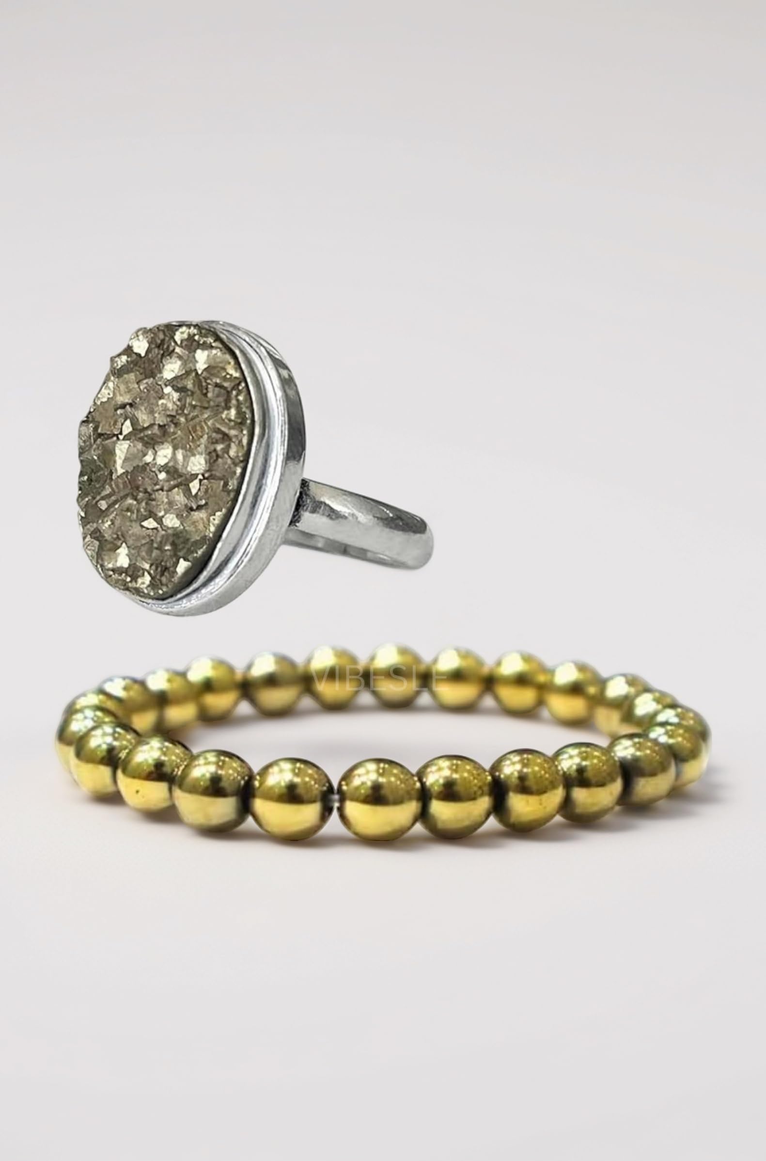 Natural Pyrite Bracelet With Lab Test Certificate And Original Pyrite Stone Ring - Certified - Natural Pirate Crystal Ring For Money, Abundance, Wealth, Success And Prosperity For Unisex Adult