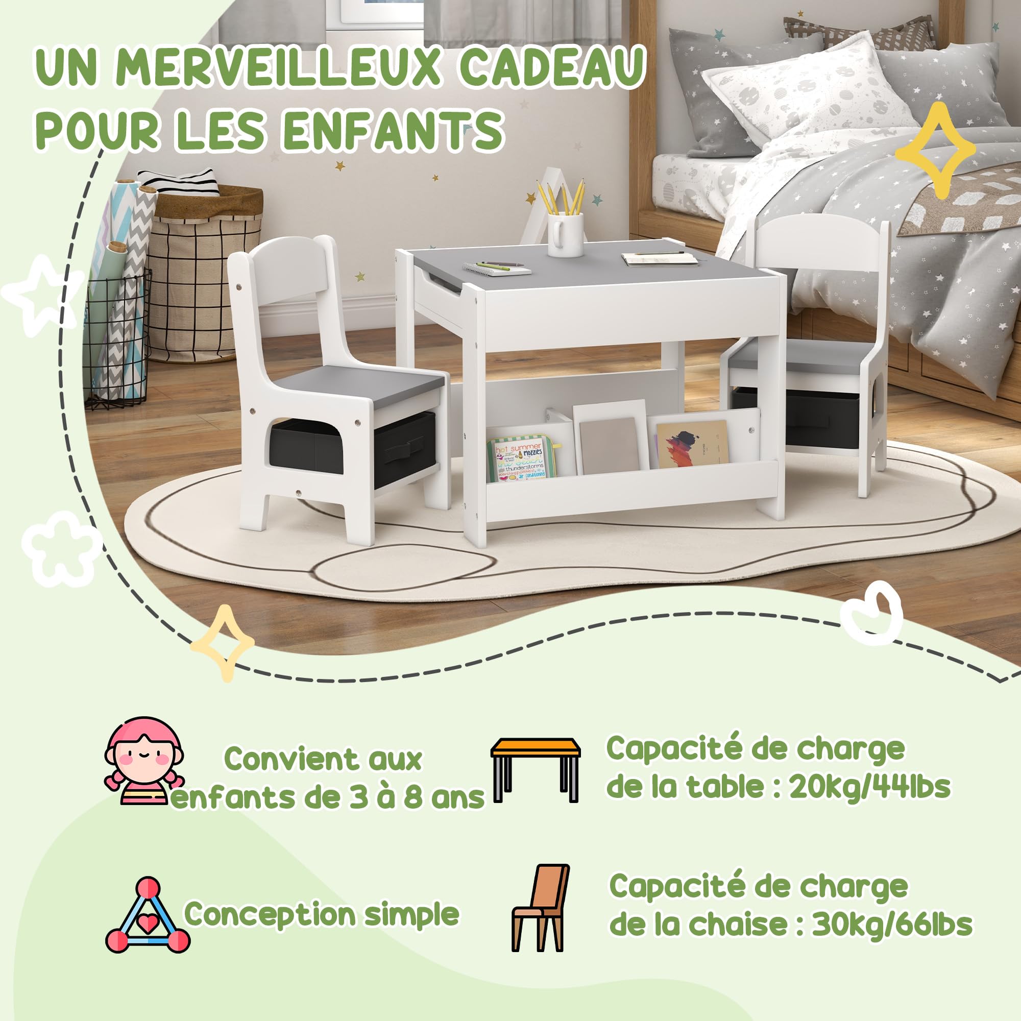 HOMCOM Ensemble 3 pièces Table et 2 chaises pour Enfant avec Plateau Table réversible Tableau Noir, Panier de Rangement, étagères Gris