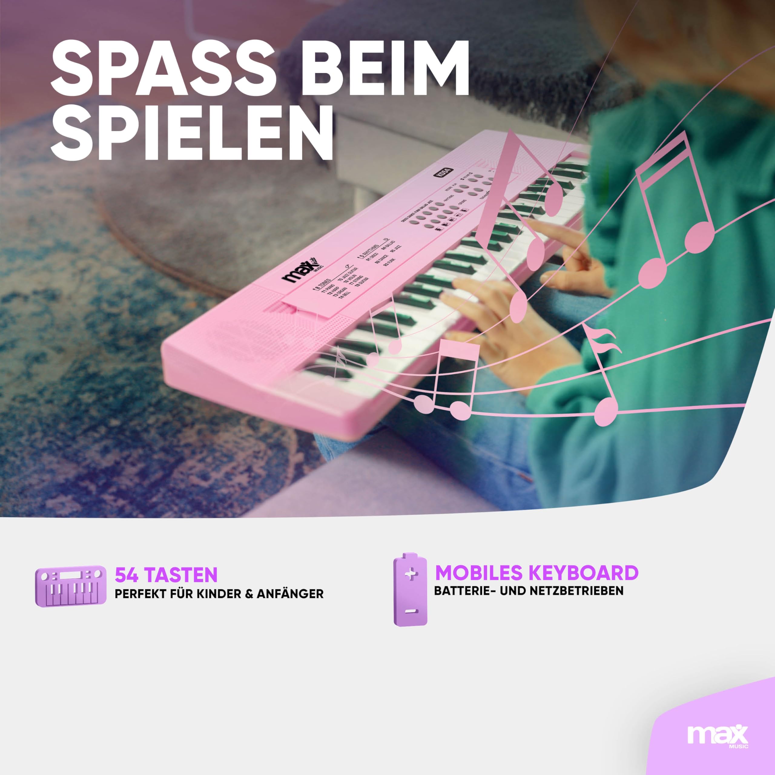 MAX KD54P - Kinder Keyboard mit Mikrofon, 54 Tasten, 8 Klangarten, 5 Rhythmen & Sounds, Klavier mit Aufnahmefunktion, 8h Akku - E Piano Kids, Keyboard Piano Spielzeug für Kinder ab 6 Jahre