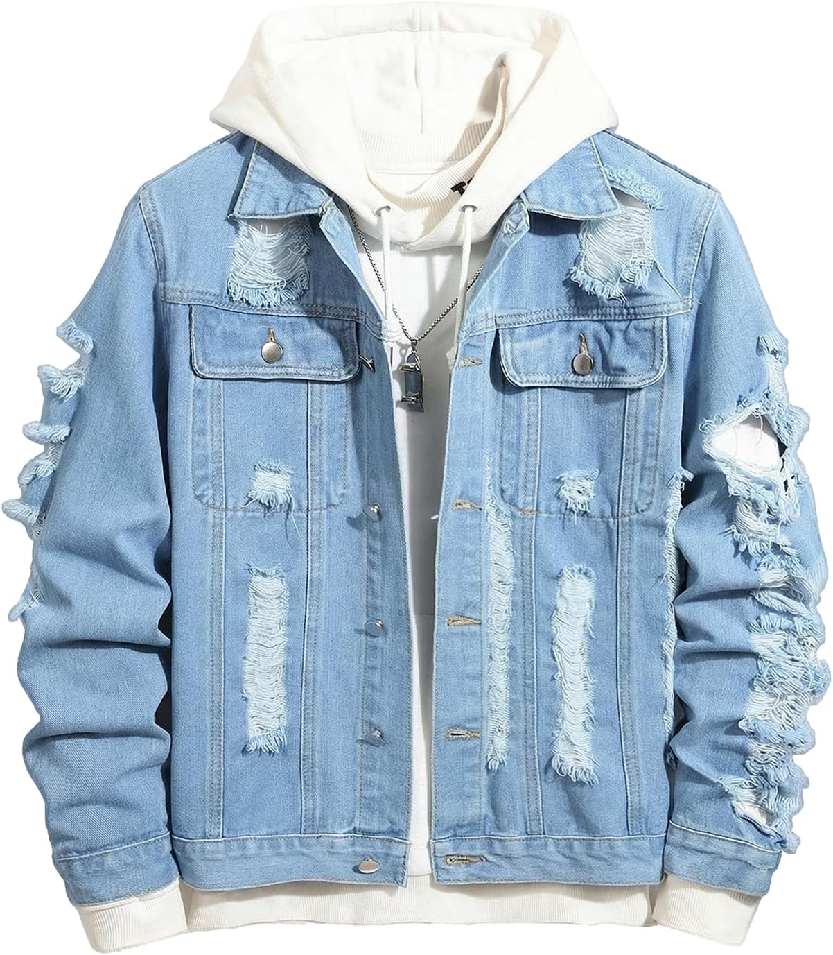 SOLY HUX Men's Ripped Denim Jacket Button Front Collared Long Sleeve Grunge Jean Jackets Streetwear