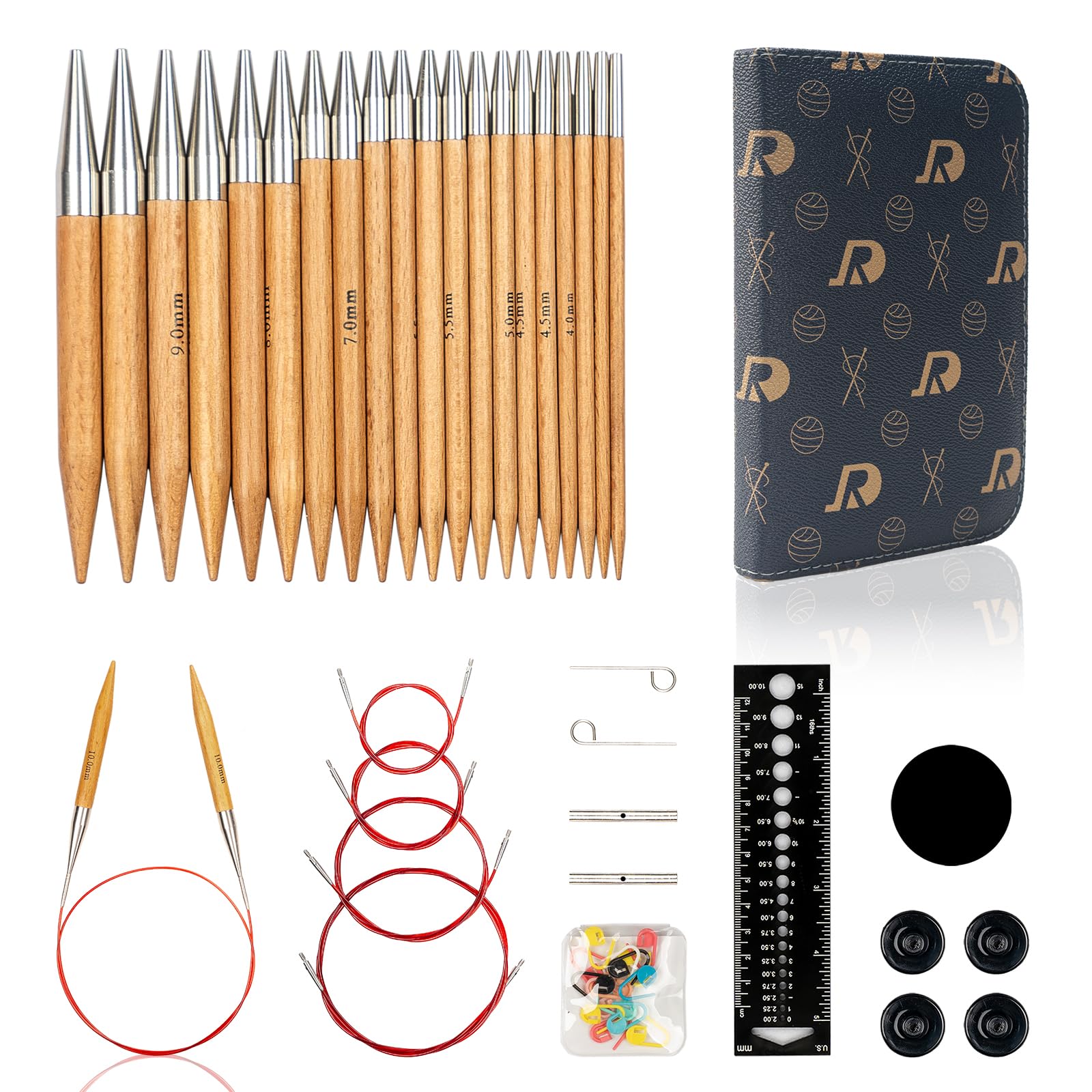 RUIDI Circular Knitting Needles Set, Smooth Wooden Interchangeable Circular Knitting Needles Set with Case & Accessories, 10 Pairs of 12cm Round Needles from 3.5mm to 10mm (Beech Wood)
