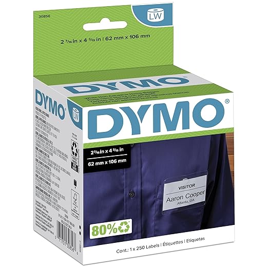DYMO LW Non-Adhesive Name Badge Labels for LabelWriter Label Printers, White, 2-7/16'' x 4-3/16'', 1 roll of 250 (30856)