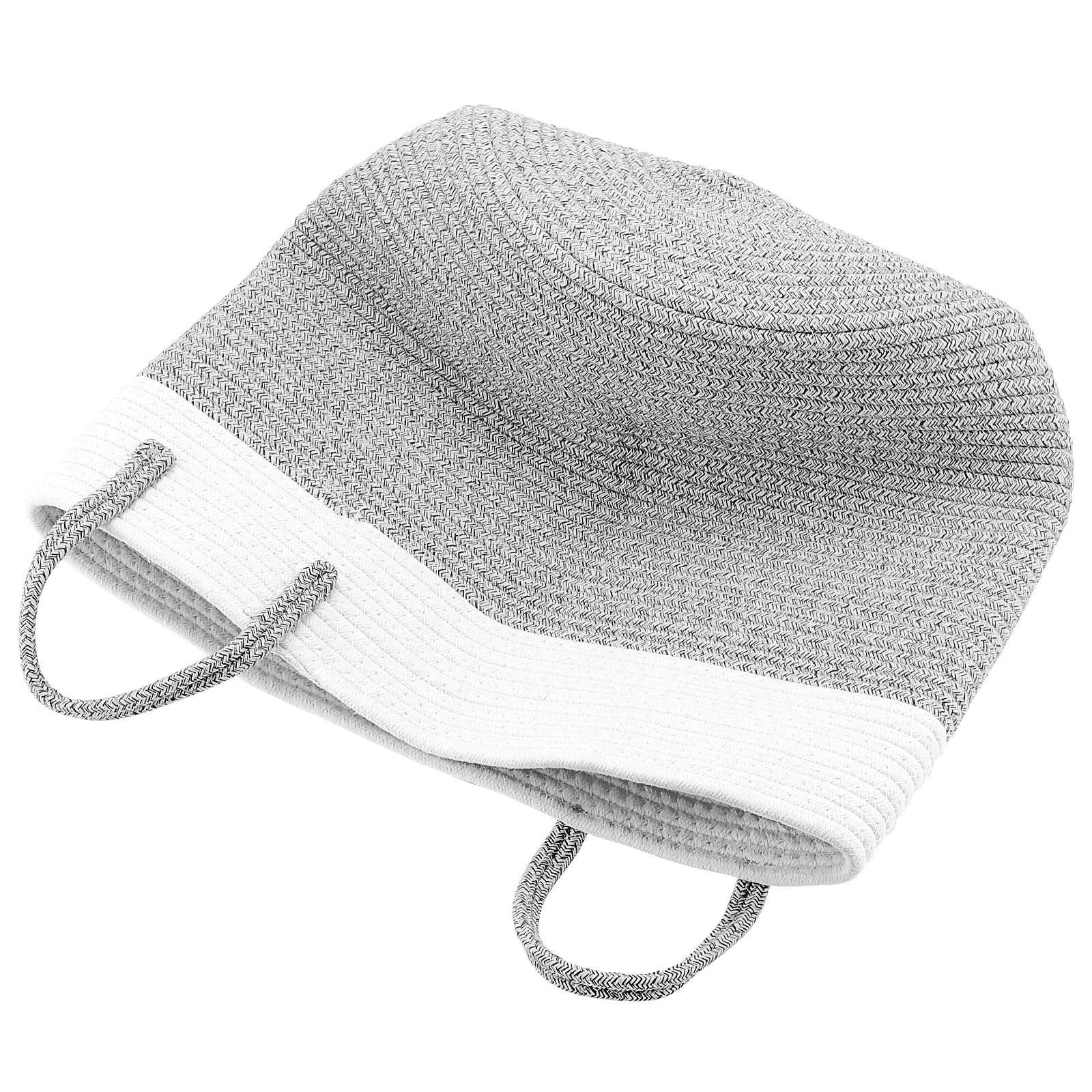 Cesto in cotone con manico, 33 x 33 x 43 cm, cesto portaoggetti rotondo in tessuto, cesto portabiancheria intrecciato con patchwork grigio in corda di cotone per asciugamani, pannolini,