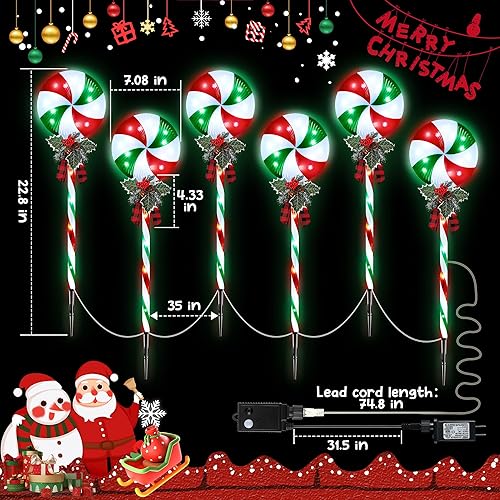 Miniatura 2 de Hiboom Lollipop - Luces de camino de Navidad con música de detección, 6 piezas de luces impermeables para exteriores con lazo de bayas para