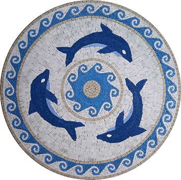 Mozaico Dolphins Medallion Mosaic Marble Art | Mosaic Designs | Mosaic Artwork | Mosaic Wall Art Floor Inlay by Mozaico | Handmade Mosaics | 24" x 24"