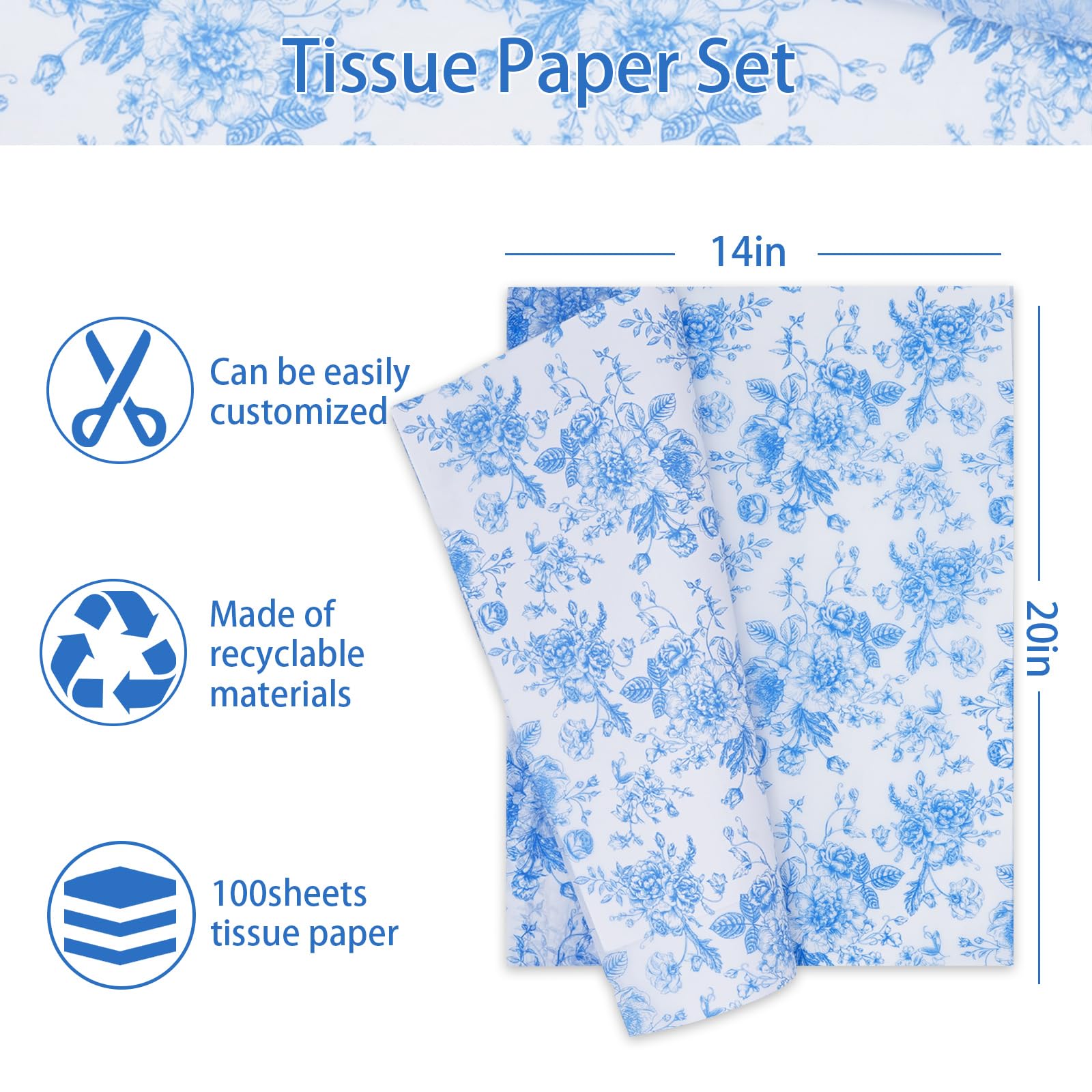 AnyDesign 100 Stück blaues Blumen-Seidenpapier weiß blaue Blume Geschenkpapier Vintage Verpackungspapier DIY Kunst Bastelpapier für Bauernhaus Zuhause Geburtstag Babyparty Party Geschenk Dekor, 35,6 x