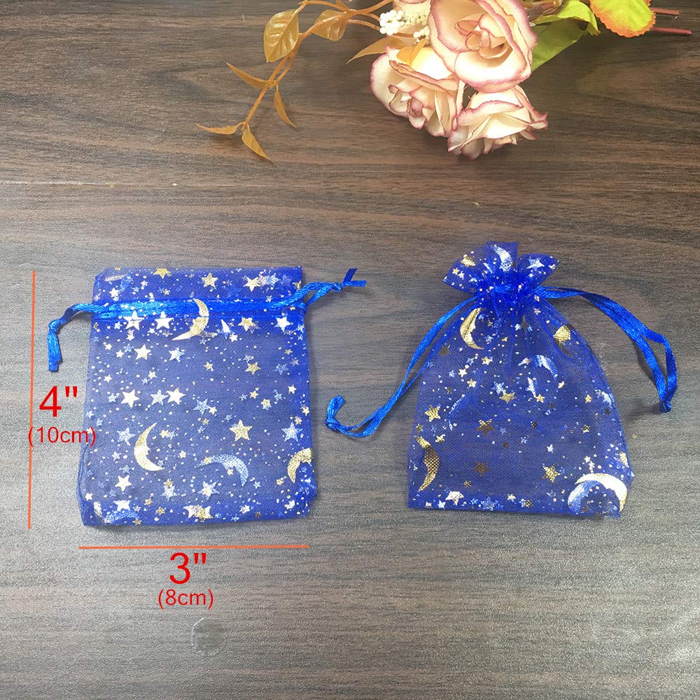 100 Sacchetti In Organza Blu Navy Con Luna E Stelle - 18x13 Cm - Per Bomboniere, Caramelle, Gioielli