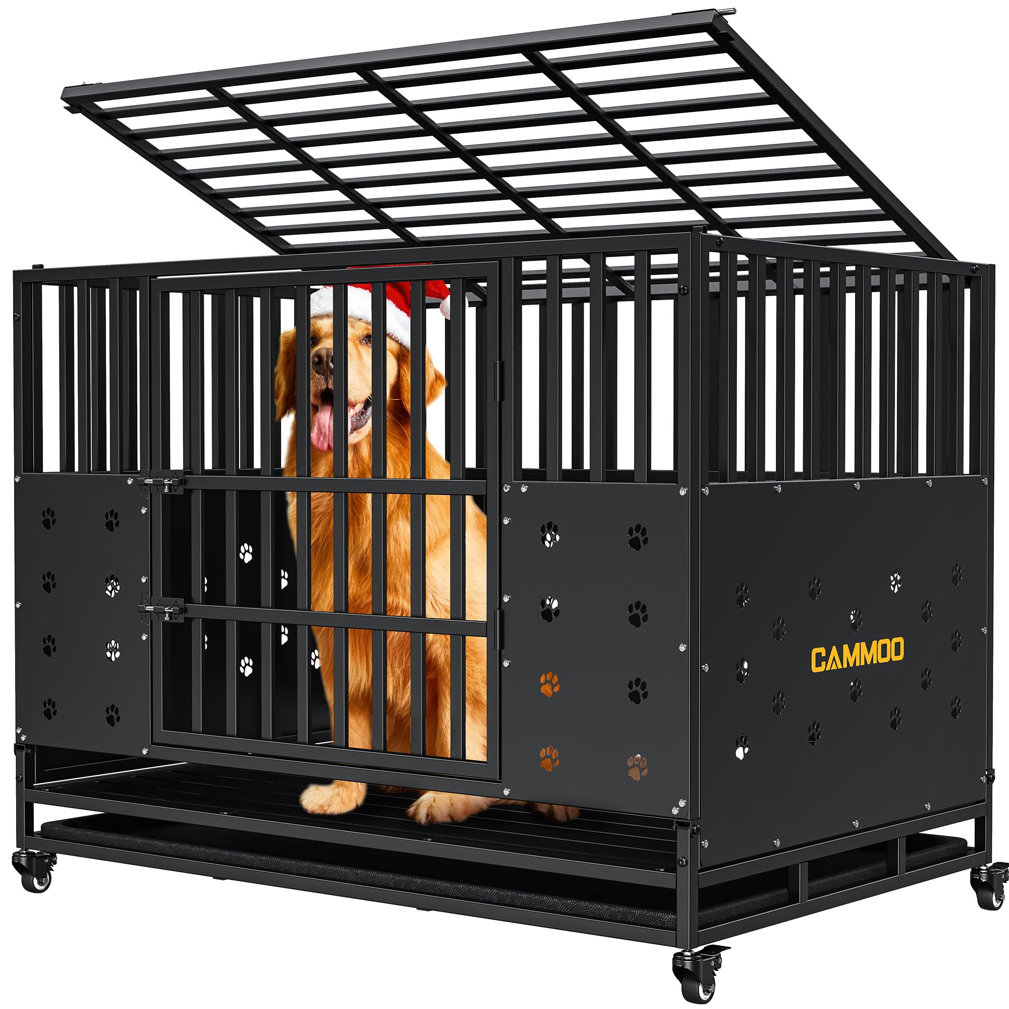 Cammoo 48'' Heavy Duty Dog Crate for Large Dogs, – Upgraded Chew-Proof Panels, Comfort-Widened Floor Panel, Dog Kennel Indoor, Adjustable Internal Height, Easy-Access Wide Door, 4 Lockable Wheels