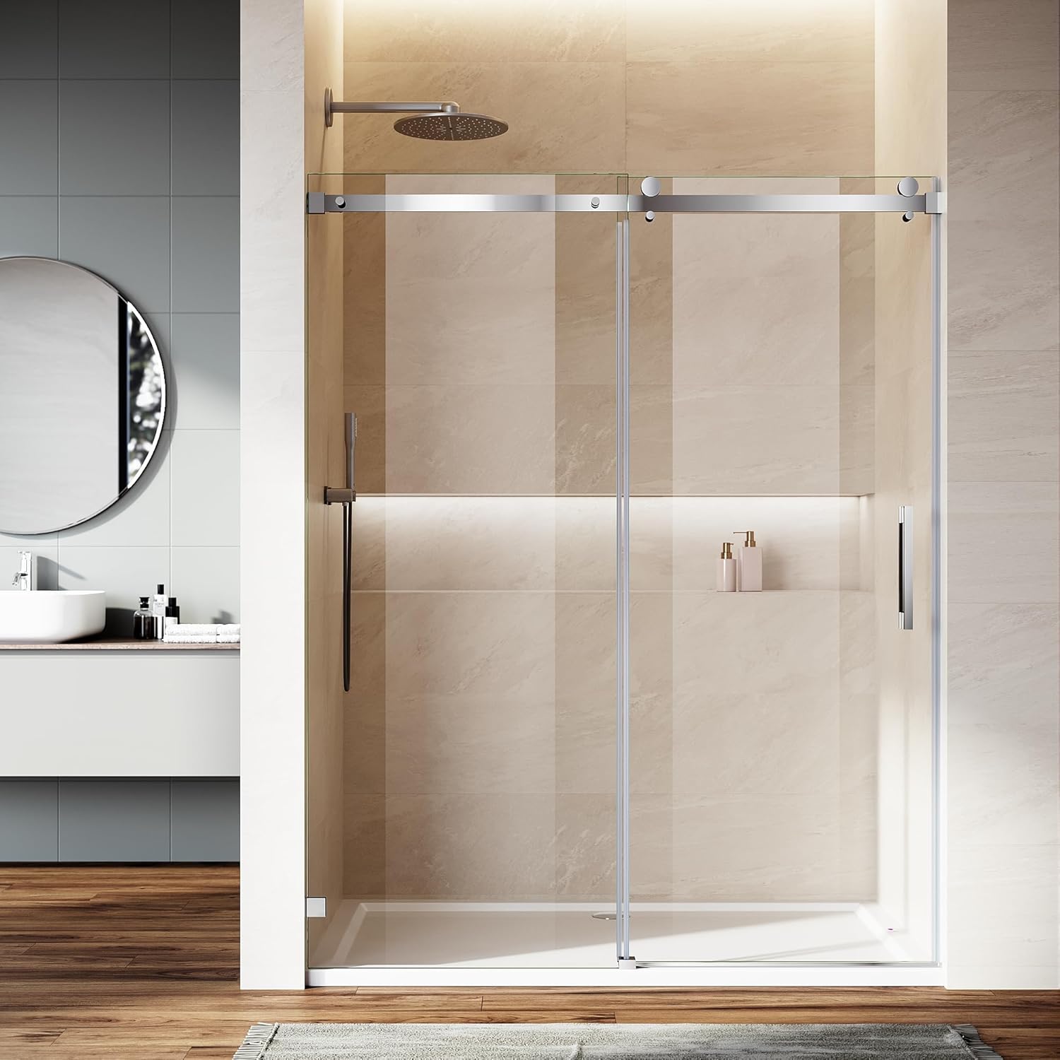 Frameless Sliding Shower Door,59" W x 75" H，5/16" (8mm) Tempered Glass Shower Door，Frameless Shower Glass Door, Easy to Clean,Sliver Finish