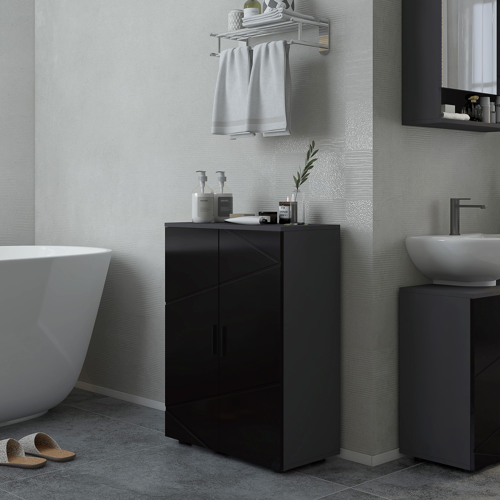 kleankin Mobile Bagno Salvaspazio in Legno 2 Ante 60x30x82cm Nero Lucido | Armadietto Bagno, Chiusura Soft Close, 3 Ripiani