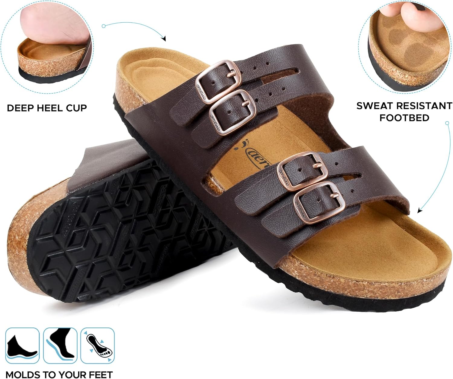 AEROTHOTIC Cork Recovery Slides for Women with Plantar Fasciitis Relief Comfortable Suede Footbed with Adjustable Buckle Cross Strappy Slip on Casual Travel Walking Beach Ladies Sandals
