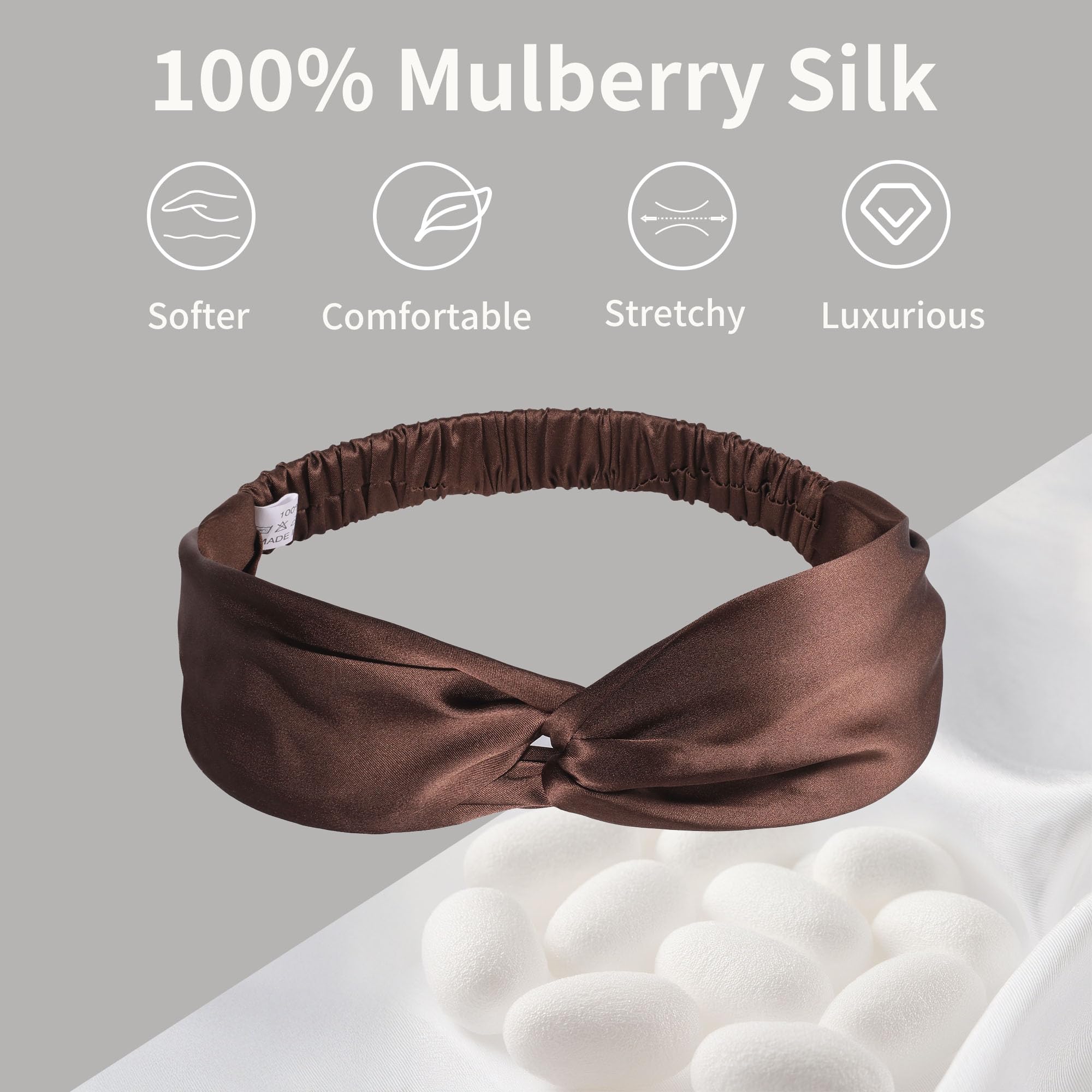 ZLYC Mulberry Silk Headband Elastic Twist Knotted Head Bands for Women's Hair(Solid Coffee),One Size - Image 2