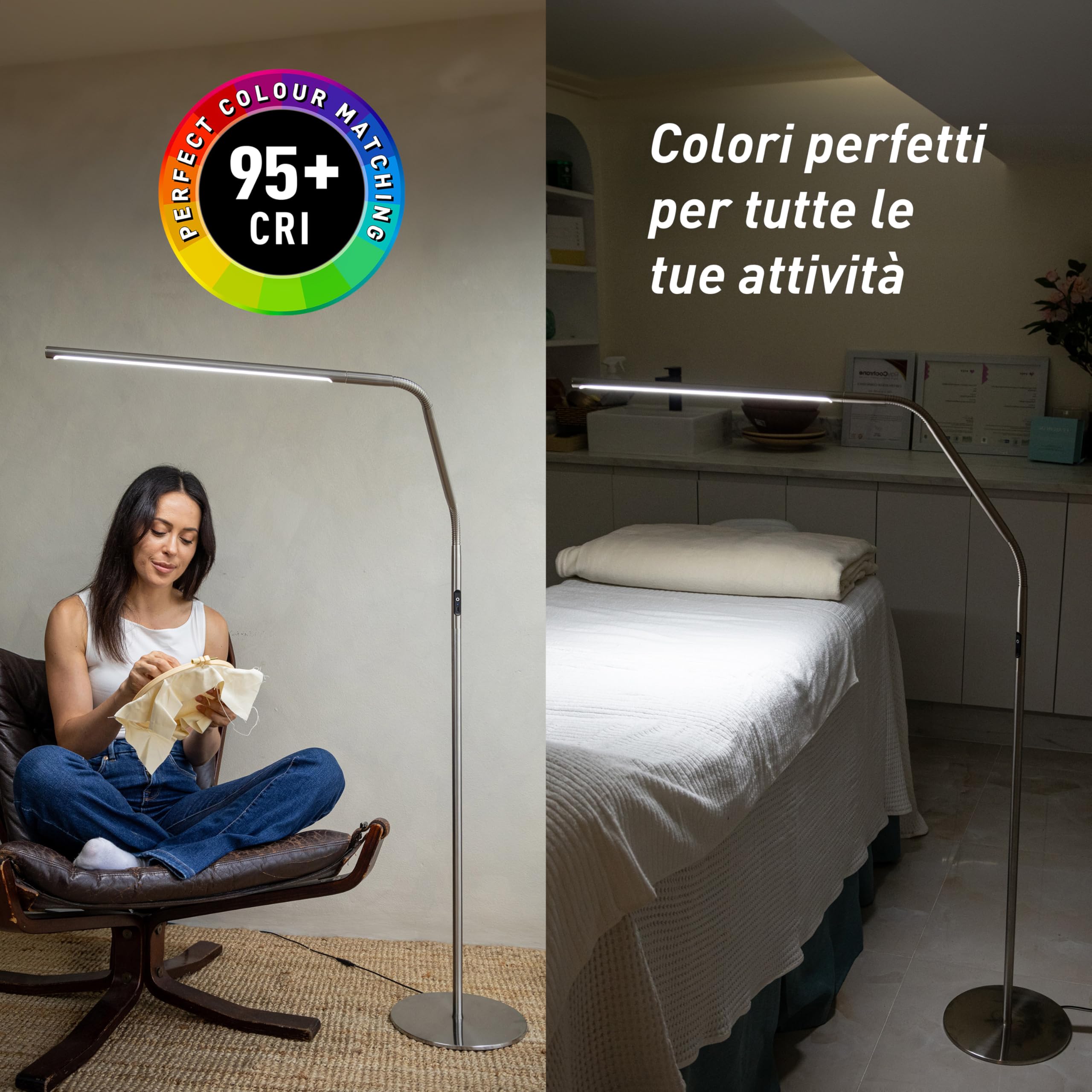 Daylight Slimline 4 LED Floor Lamp - 6,000K Daylight, 3,200 Lux, 4 Brightness Levels, USB-C Port for Fast Charging - Sleek Design, Anti-Glare Shade, Flexible Height Adjustment - Brushed Steel