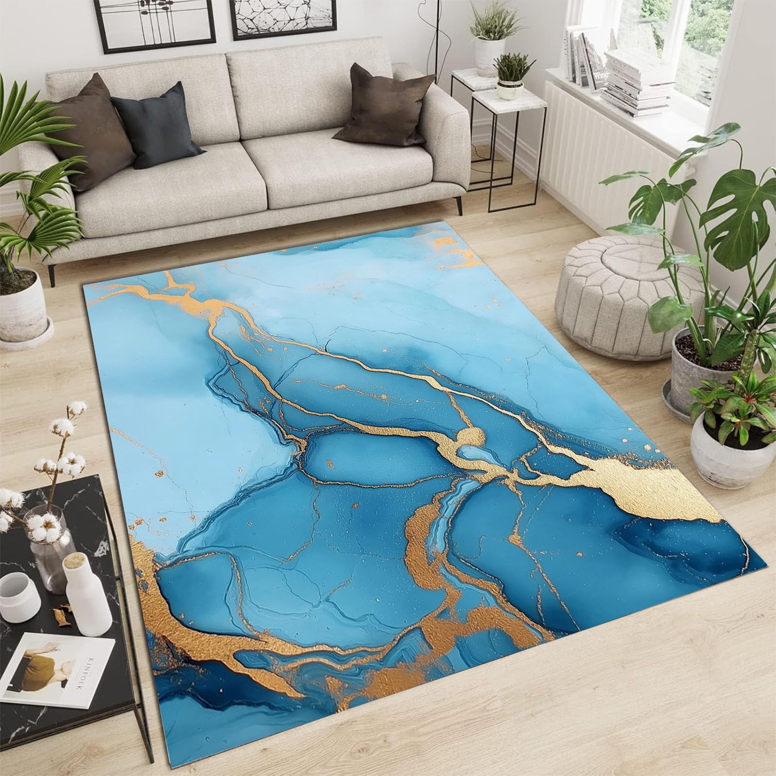 Tapis de chambre marbre bleu ciel et or pour une ambiance cosy