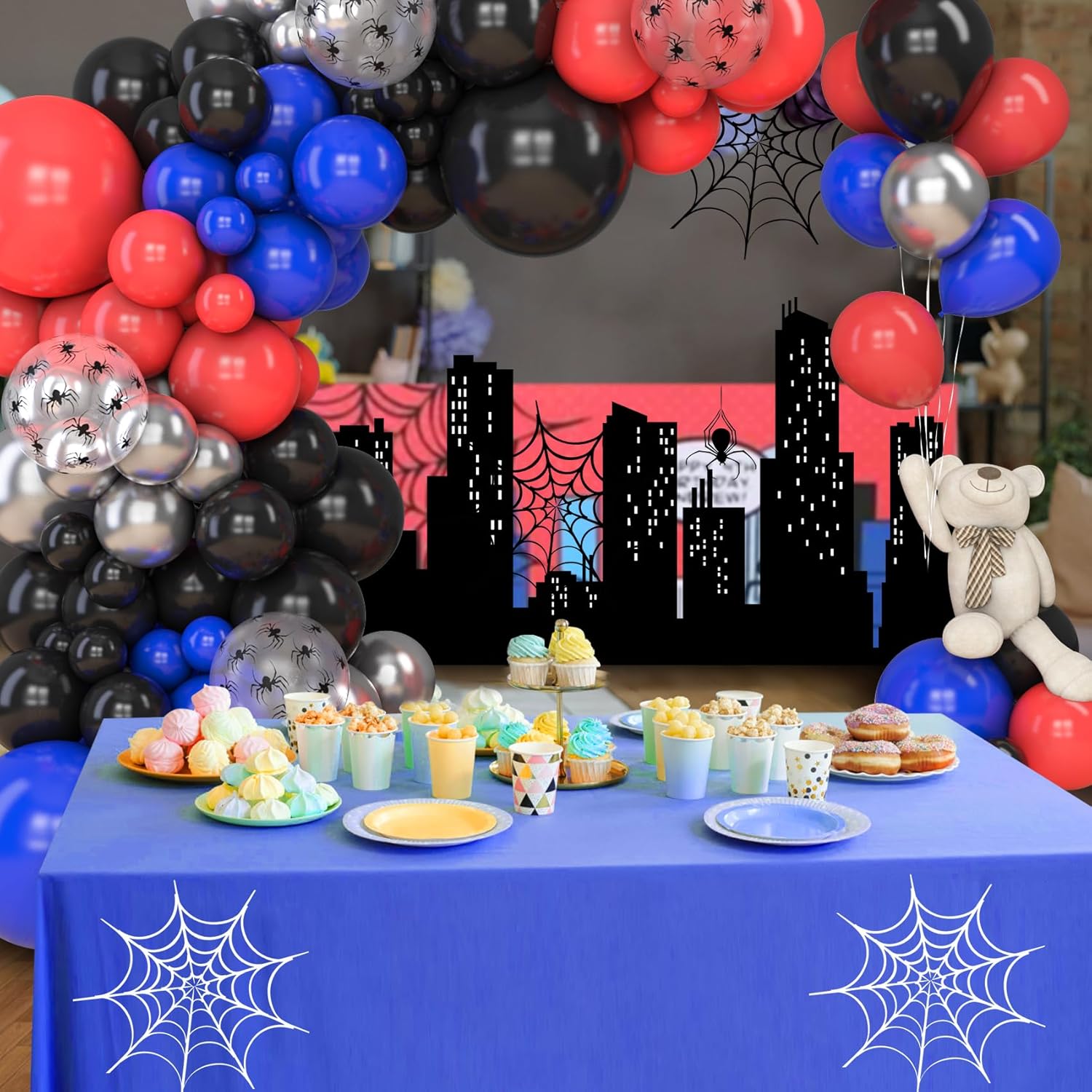 Amandir 153pcs Black Red Blue Balloon Arch Garland Kit, Different Sizes 18 12 10 5 inch Red Blue Sliver Spider Balloons for Boys Spider Theme Birthday Party Decorations