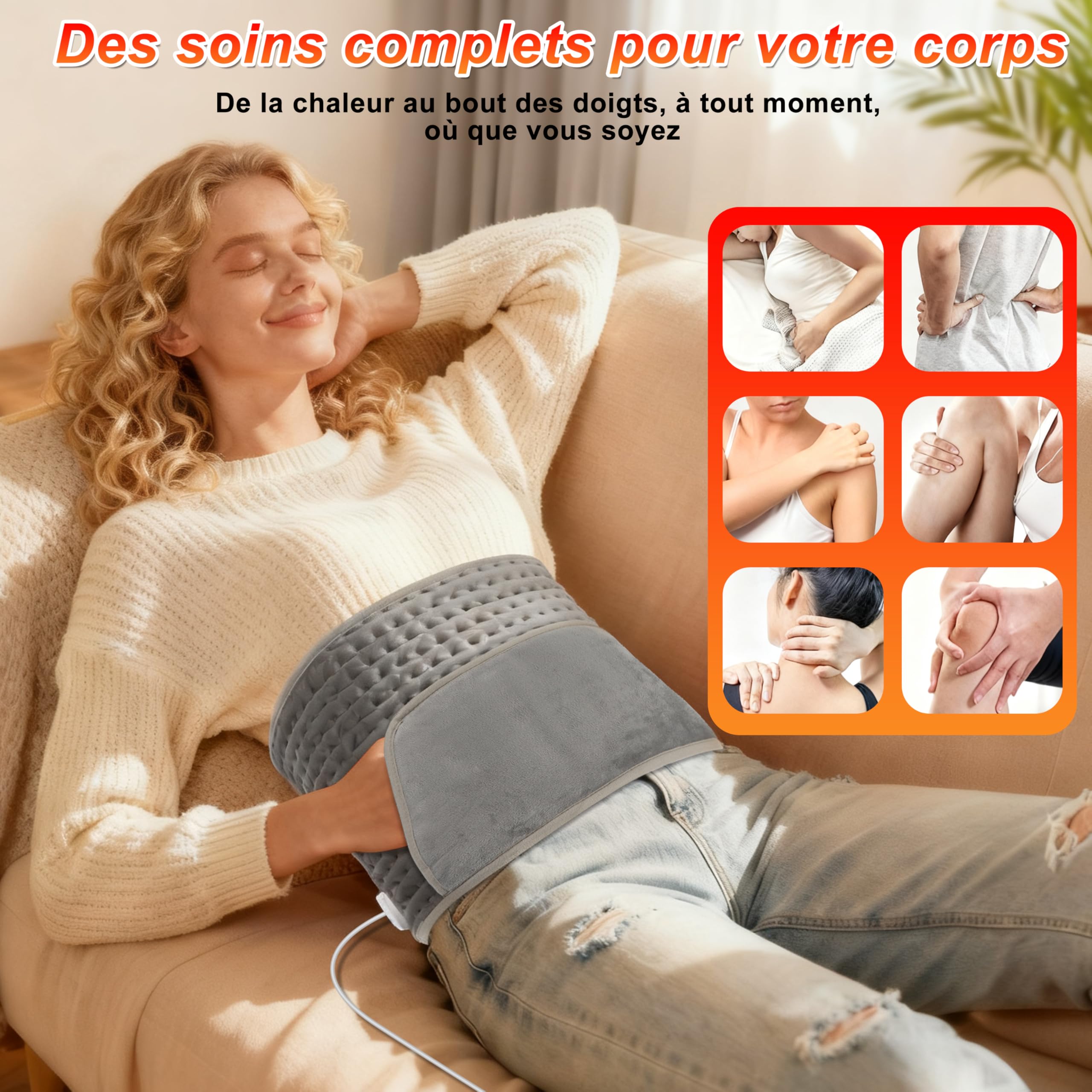 MOMOSTAR Coussin Chauffant Electrique 125x30cm Ceinture Chauffante Lombaire avec Velcro, Coussin Chauffant Pour Dos Abdomen Taille, Chauffage Rapide, 10 Niveaux de Température, 4 Réglages de Minuterie