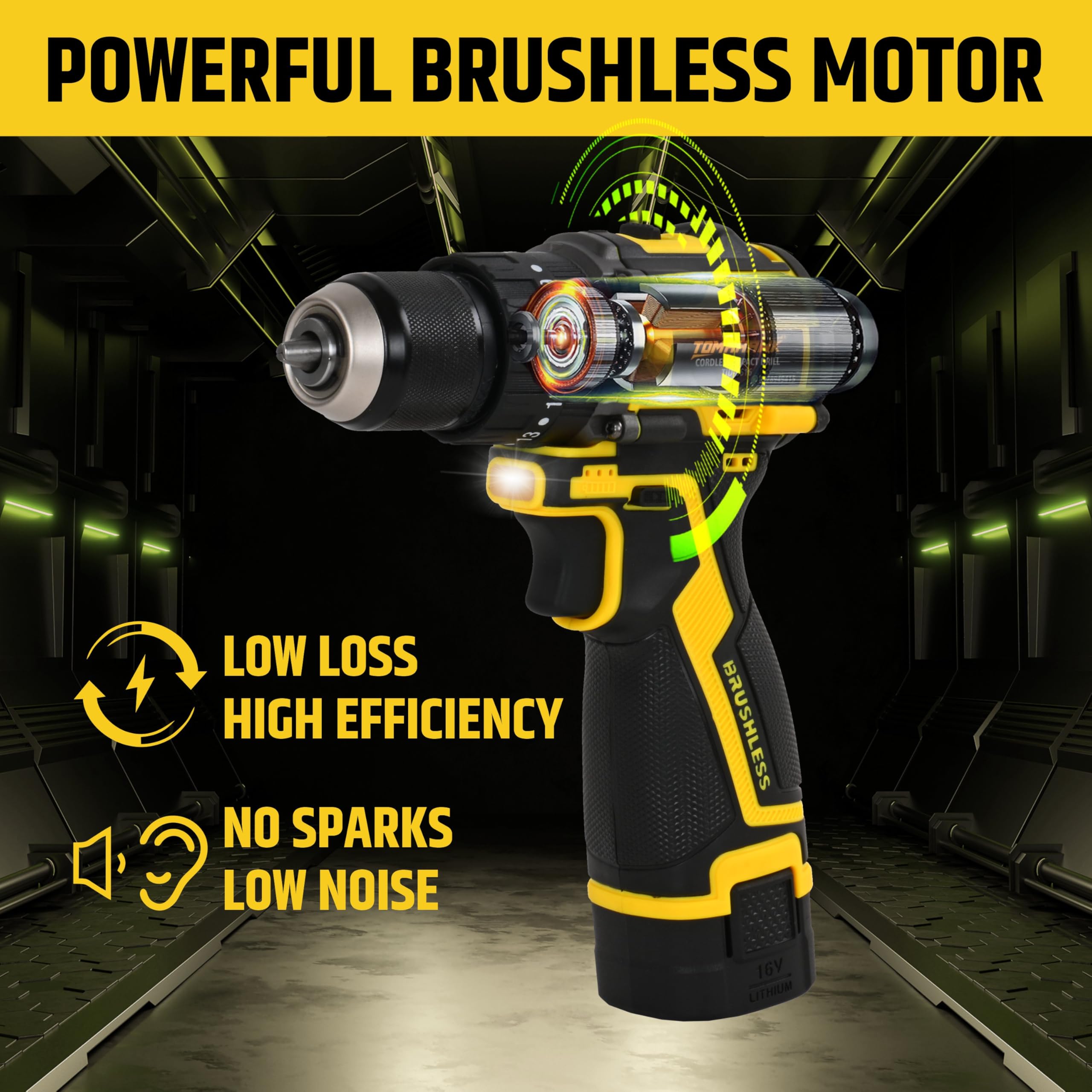 TOMAHAWK® TID3616 Brushless 16V Cordless Impact Driver Machine – 10MM Chuck- Multipurpose Hight Torque Drill – Dual Speed Power Drill with Battery & Charger – Cordless with 3 Operation Modes 1