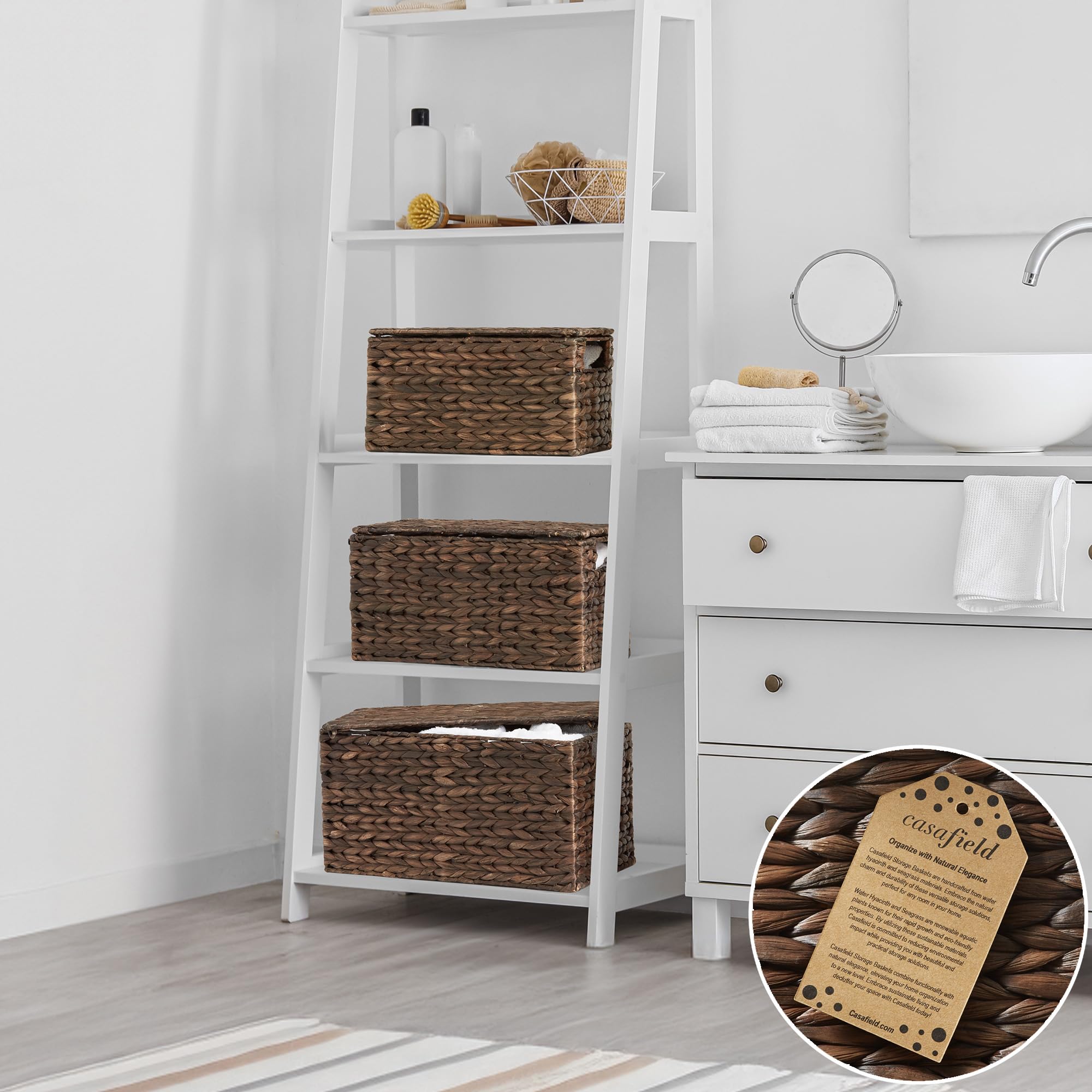 Casafield Aufbewahrungskörbe aus Wasserhyazinthe mit Deckel, Espresso, klein, mittel, groß, gewebte Nistkörbe für Badezimmer, Schlafzimmer, Schränke, Regale, 3 Stück