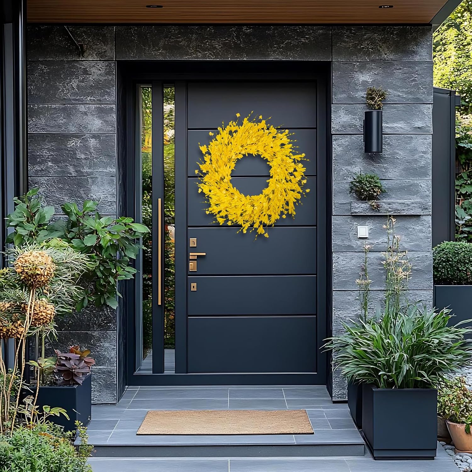 24 Inch Artificial Yellow Forsythia Flower Wreaths, Silk Leaves Paper Floral Wreath for Front Door, Spring Summer Decor, All Season Wreath for Wall Window Farmhouse Wedding Home Decor