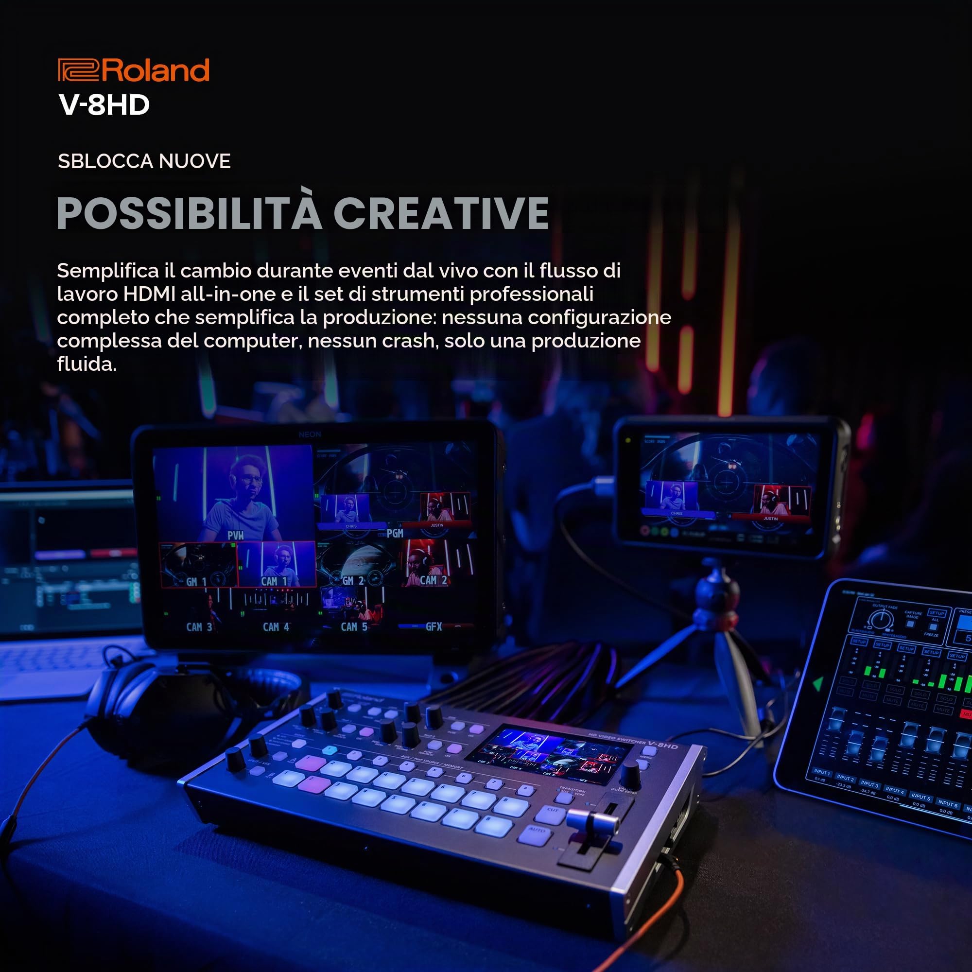 Roland V-8HD Video Switcher; Workflow HDMI, Ultra-portatile con monitor multi-view per la preview incorporato