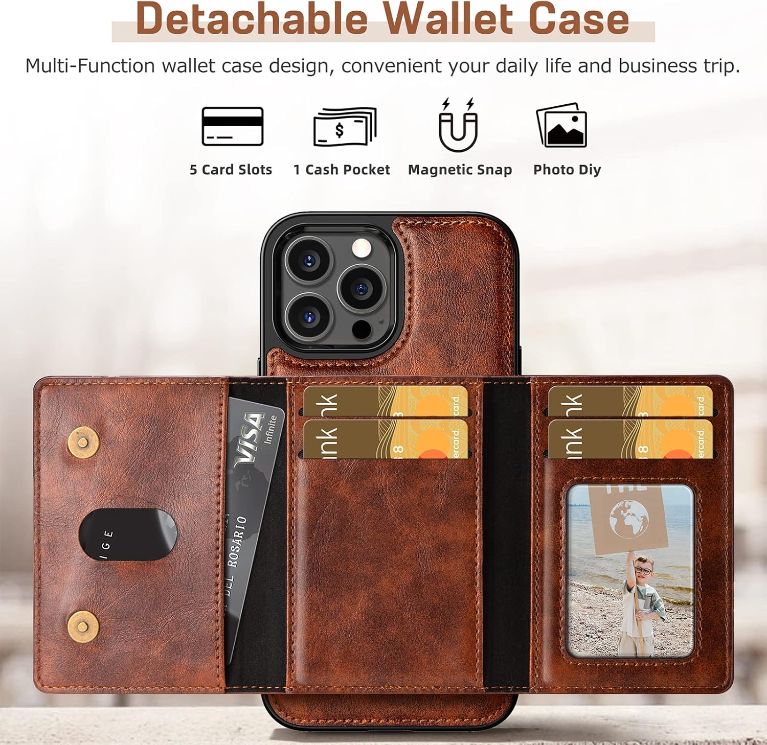 LOHASIC for iPhone 13 Pro Max Wallet Case, Premium Leather Cover Compatible with Mag Safe Charger Magnetic Detachable Wallet 5 Card Holder Kickstand Protective Phone Case for Men 6.7 inch