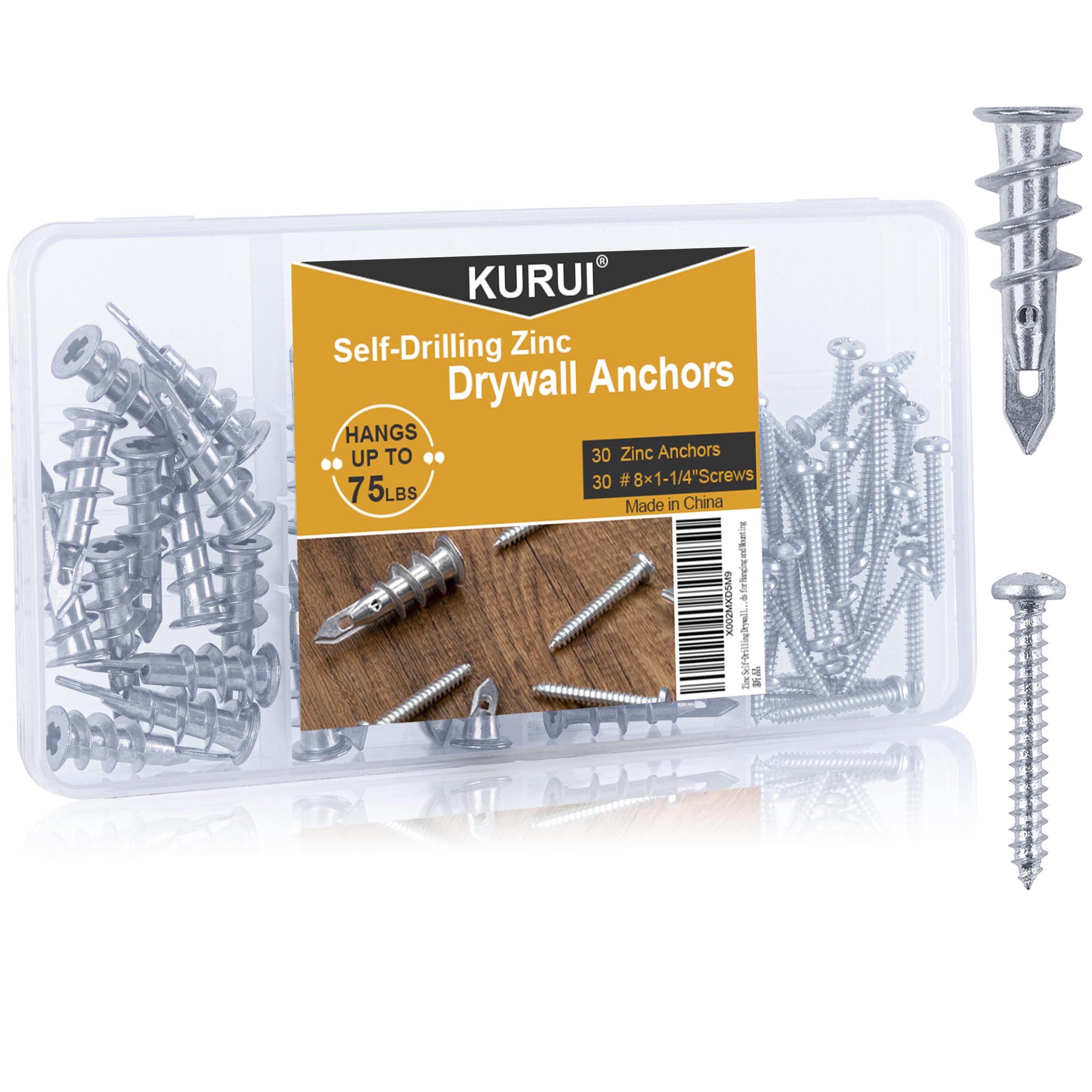 KURUI #8 Zinc Self-Drilling Drywall Anchors, 60PCs Hollow Metal Wall Anchors and Screws Kit, 30 Heavy Duty Anchors + 30#8 x 1-1/4'' Screws, 75LB Hanging and Mounting