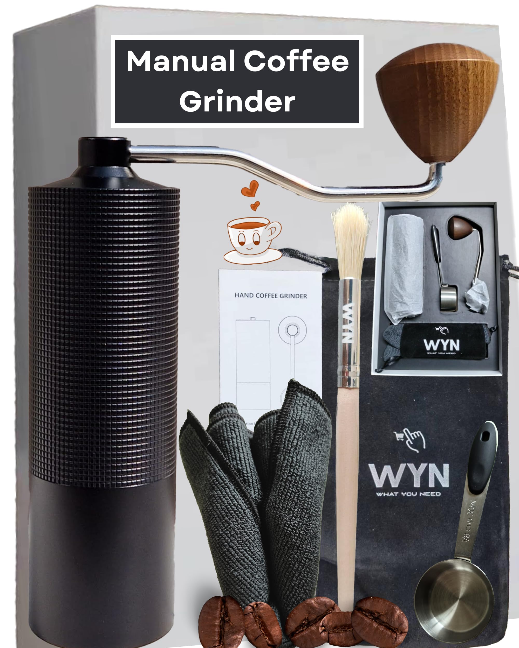 WYN WHAT YOU NEED Manual Coffee Grinder, Capacity 30g, Stainless Steel Burr, Adjustable Grind Settings, Barista Towel, Stainless Steel Scoup, Barista Brush, Velvet Bag Gift Box.