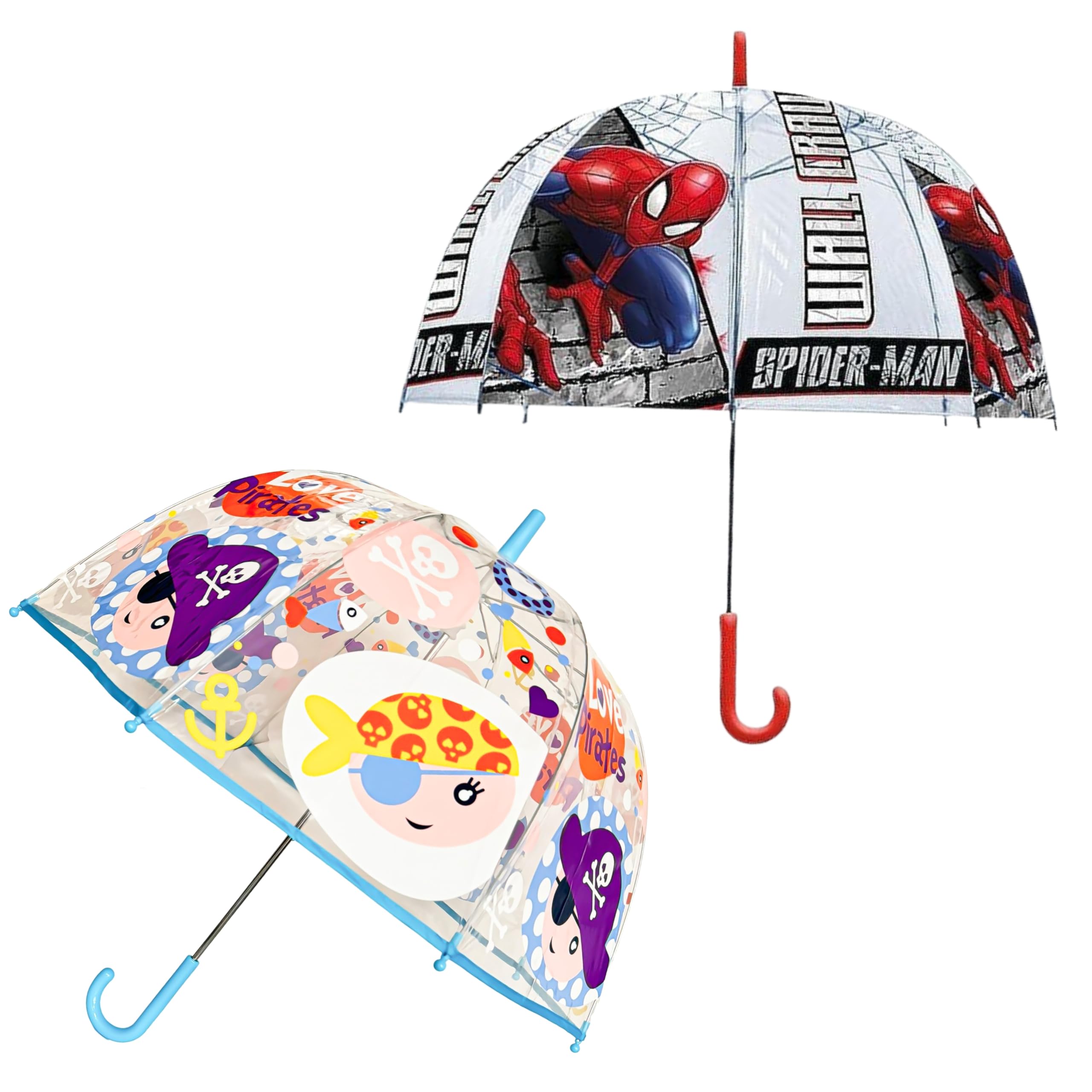 Kids Licensing Boys Spiderman & Love Pirates 2Pcs Cartoon Umbrella For Kids, Spiderman 75Cm Transparent Dome & Love Pirates 74Cm Cartoon Brolly, Windproof Lightweight Pvc Umbrella Girls 3-7 Years, Rain & Sun Protection J Handle