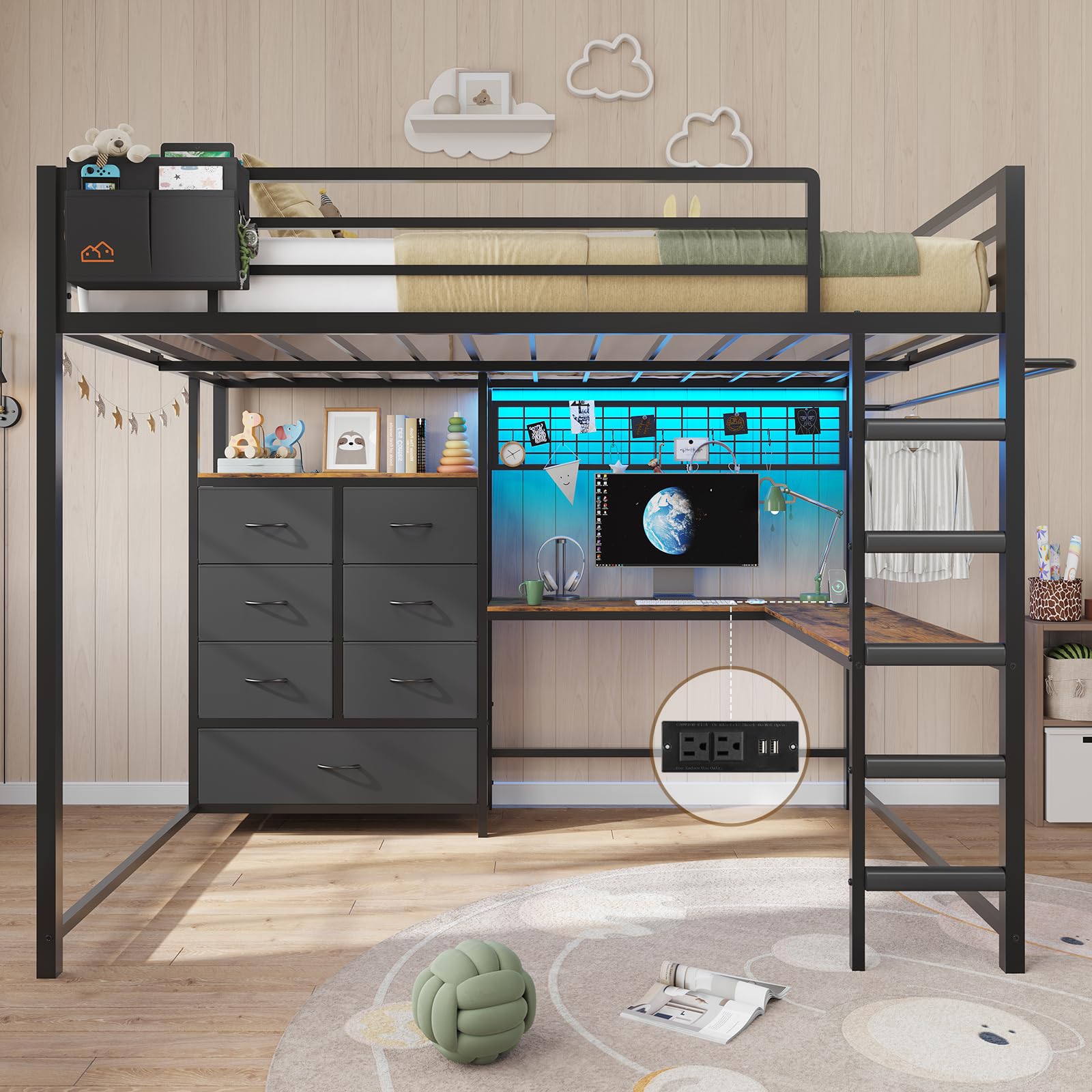 DICTAC Full Loft Bed with Desk and Storage Drawers
