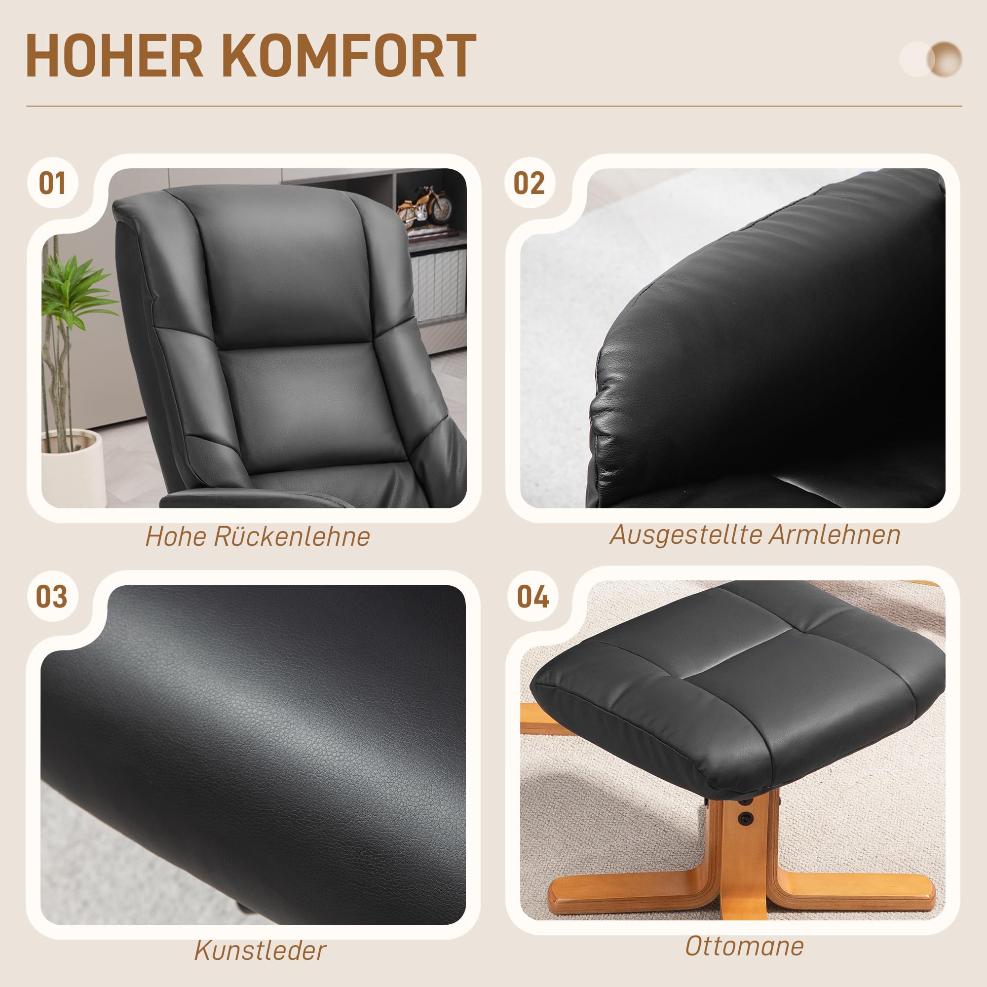 HOMCOM Relaxsessel mit Hocker, Liegefunktion, Kunstleder, Schwarz