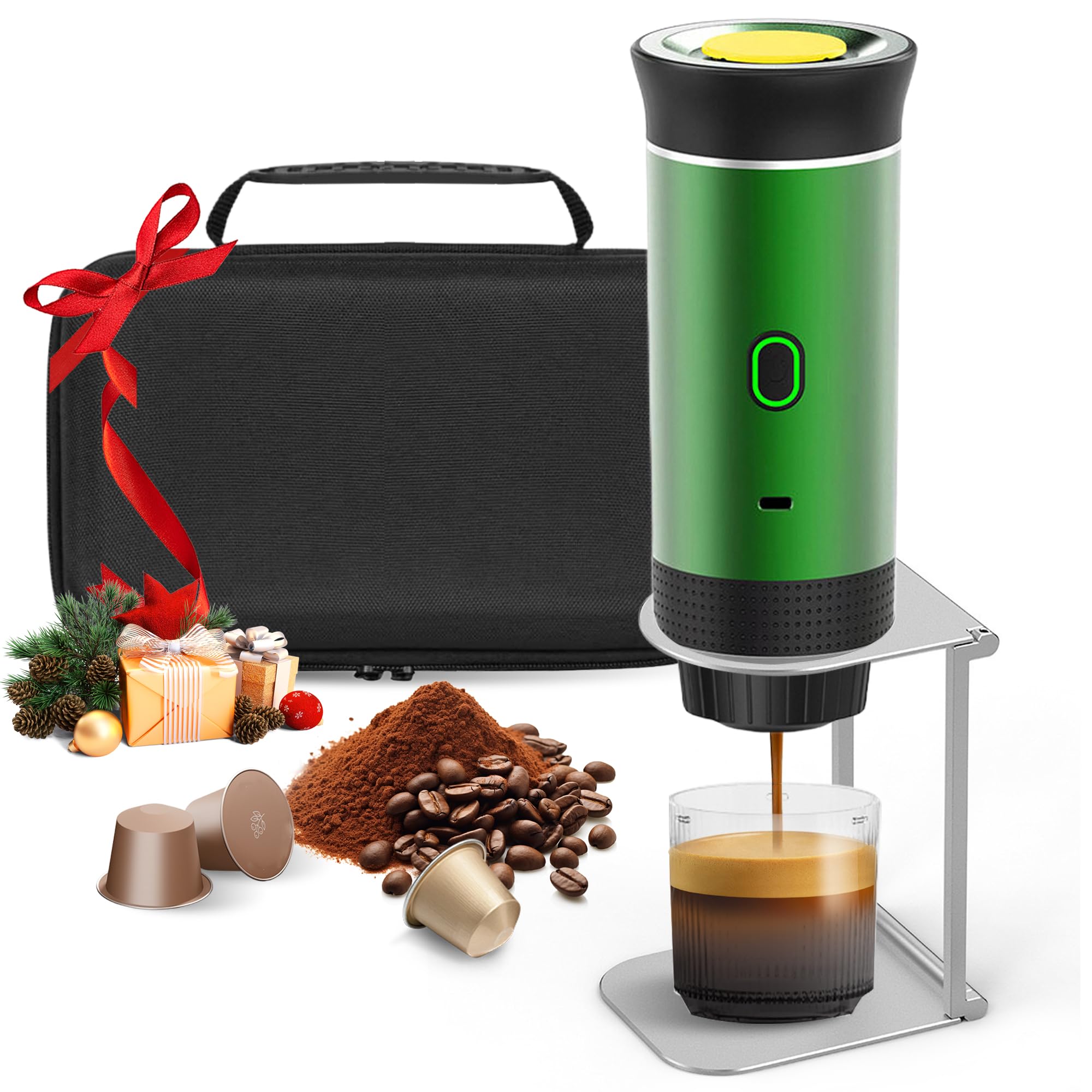 Machine à Café Portable, 3 en 1 Cafetière Expresso avec Support et Sac, Batterie Rechargeable 7500mAh, Compatible Capsules et Café Moulu, Pour Voyage, Camping, Voiture, Bureau (Vert)