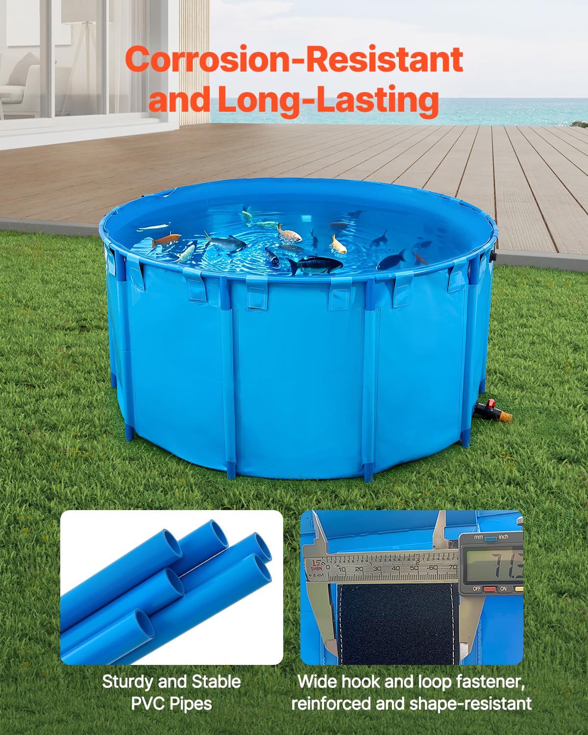 VEVOR Fischteich aus Segeltuch, mit 3100L Fassungsvermögen, Koi-Aquarium aus PVC, rundes Goldfischbecken mit stabilem Rahmen & Ablassventil, für Aquakultur, Koi-Zucht & Bewässerung (blau)