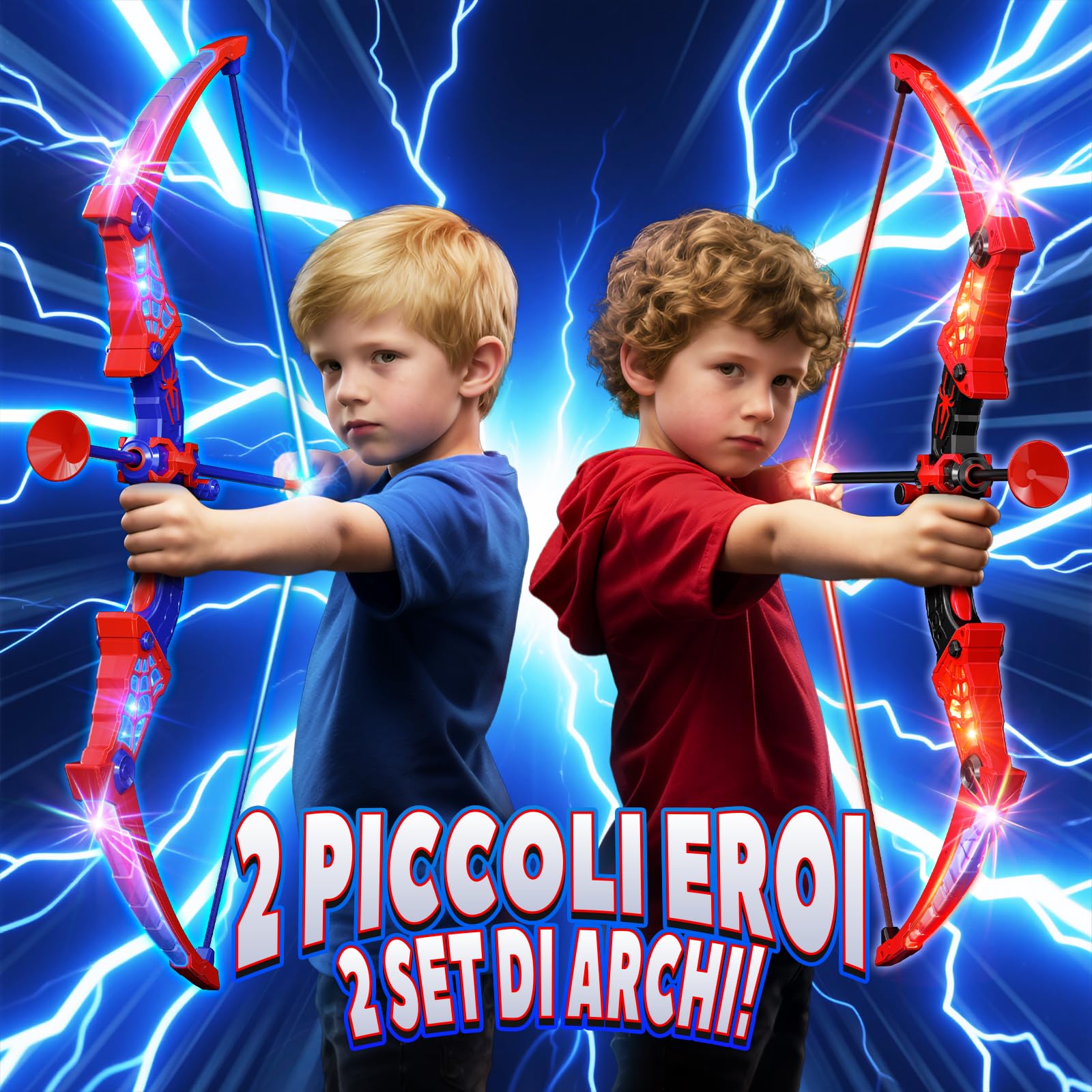 Giocattoli per 3-12 Anni Bambino, 2 Arco e Freccia Ragno con Luci LED Rosse e Blu, Bersaglio a Forma, 2 Ragno Faretre, Gioco Bambino 3-9, Giochi Bambini Regalo Bambino 3 4 5 6 7 8 9 10 Anni Maschio