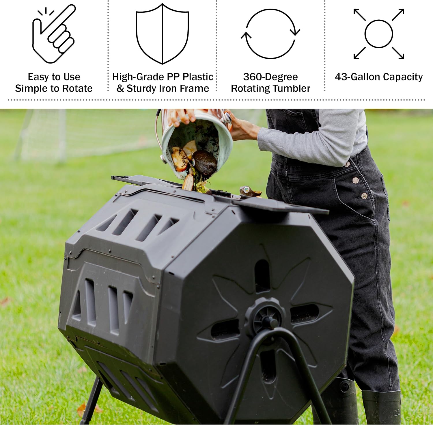 Compost Tumbler - 43Gal Compost Bin with Dual Chambers, 360-Degree Rotating Design, and Garden Gloves Included - Homesteading Supplies by Pure Garden