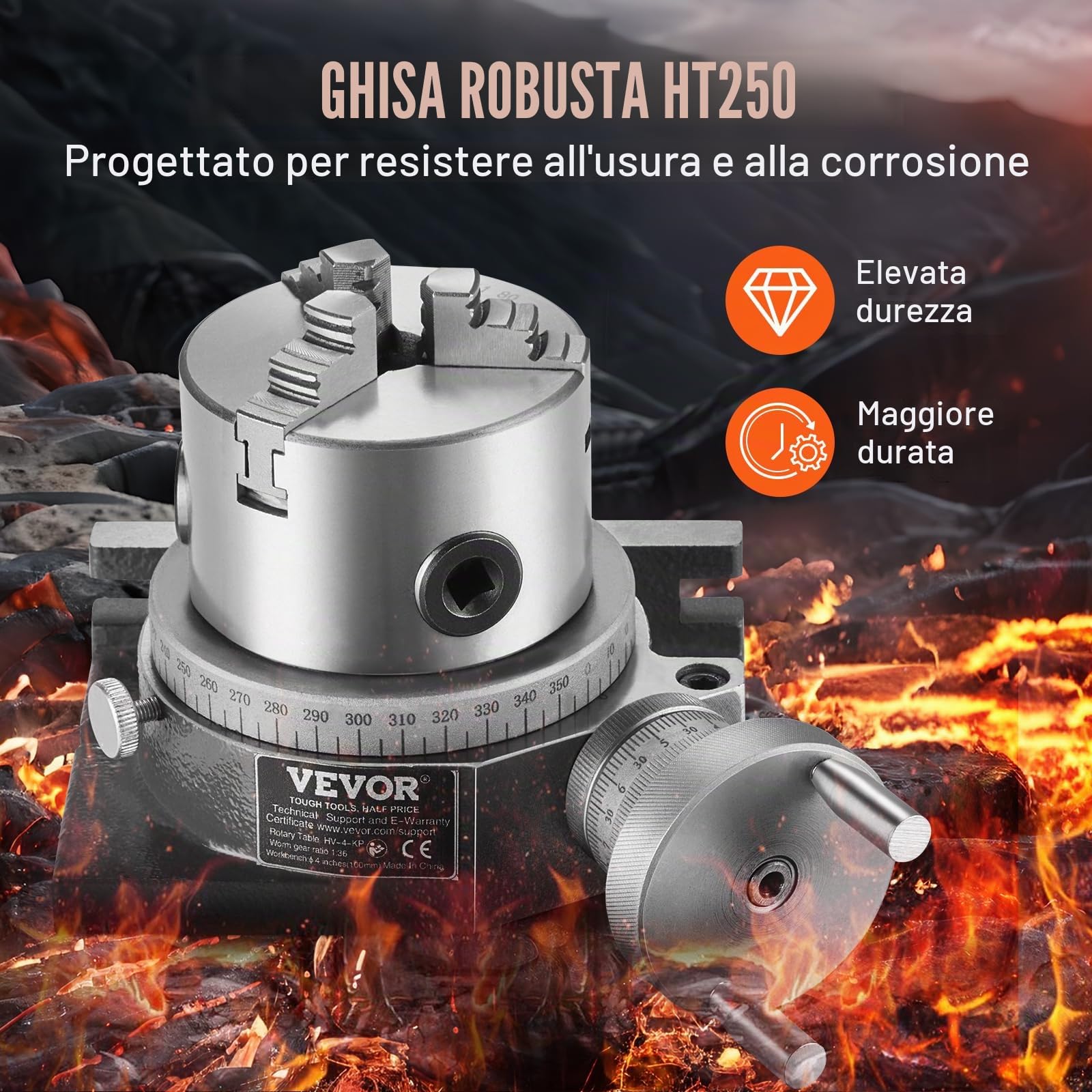 VEVOR Mandrino Girevole per Fresatrici Diametro 100 mm, Modello Orizzontale Verticale Tavola Girevole per Fresatura di Precisione, Mandrino a 3 Griffe da 80 mm Bulloni M10 Indicizzazione di Fresatura